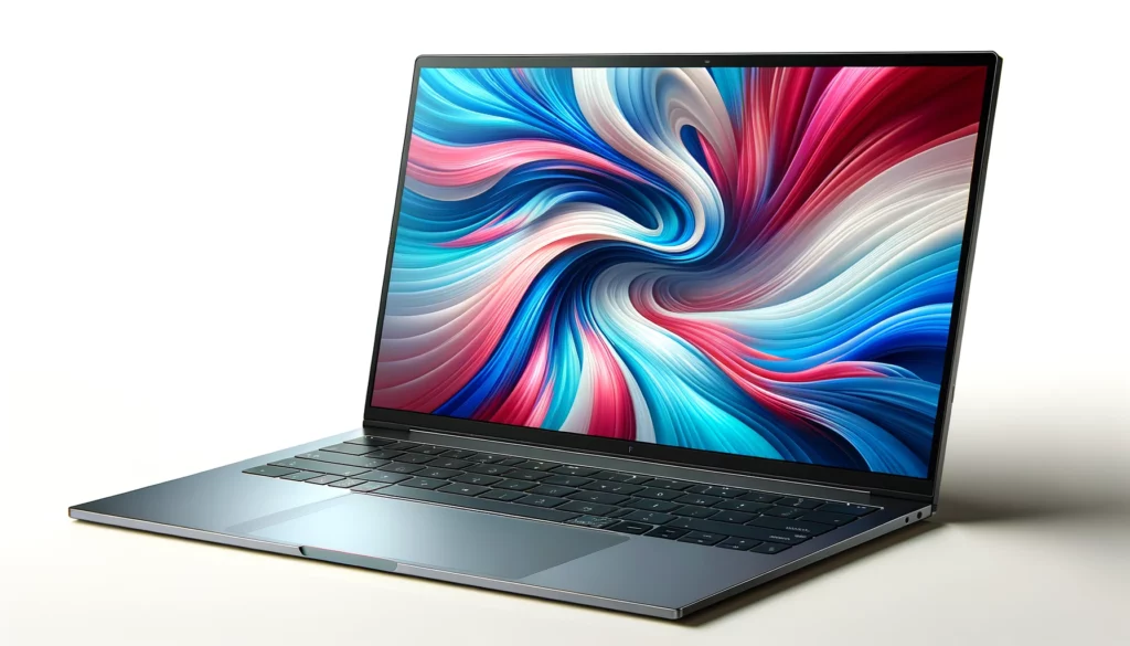 dall%c2%b7e-2024-02-08-03-05-37-a-modern-laptop-with-a-thin-design-featuring-a-large-screen-with-a-vibrant-abstract-wallpaper-with-flowing-blue-and-pink-shapes-on-a-white-background-7777565