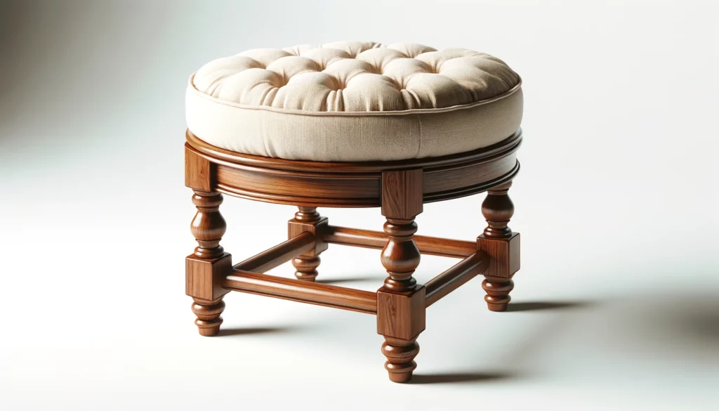 dall%c2%b7e-2024-02-09-23-02-47-a-vintage-style-wooden-stool-with-a-round-seat-cushioned-in-cream-fabric-the-stool-has-sturdy-turned-wooden-legs-that-feature-classic-detailing-and-7446289