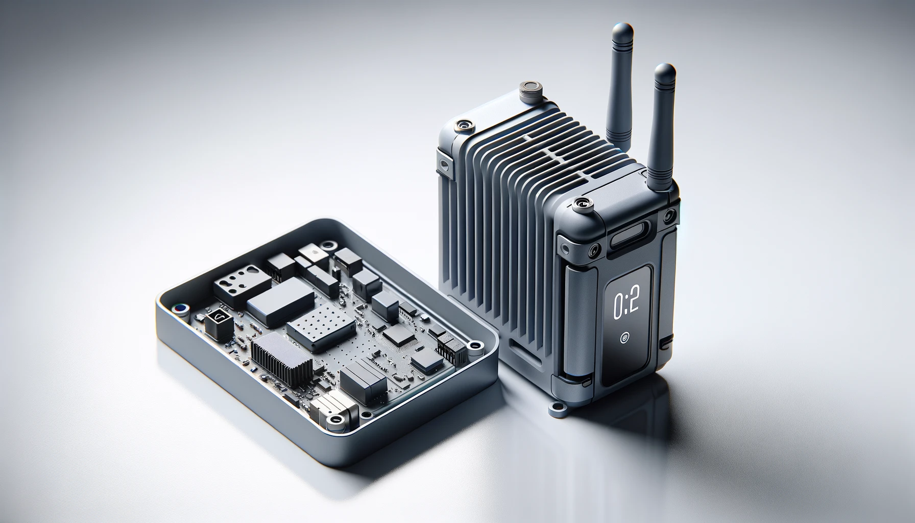dall%c2%b7e-2024-02-10-07-14-30-a-detailed-3d-rendering-of-a-wireless-communication-device-on-a-white-reflective-surface-the-device-has-a-gray-plastic-body-with-ventilation-slits-f-1998458