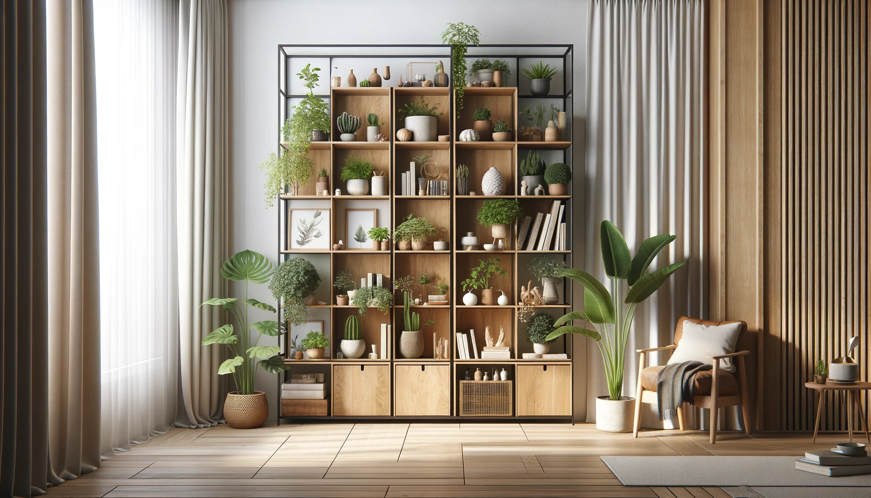 dall%c2%b7e-2024-02-10-14-36-05-create-a-detailed-3d-rendering-of-a-cozy-interior-scene-featuring-a-wooden-shelving-unit-the-unit-has-multiple-shelves-filled-with-various-houseplant-9556402