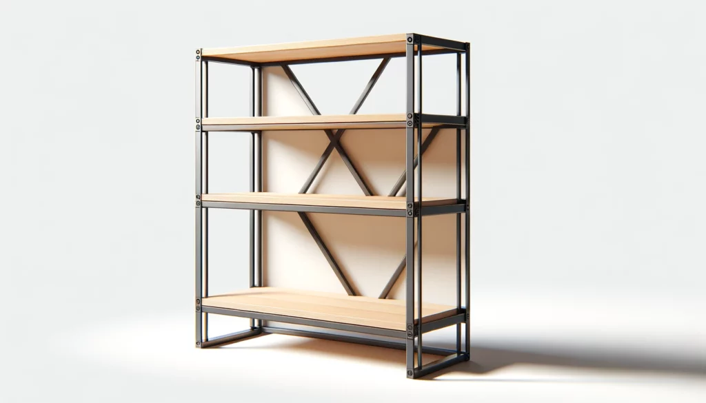 dall%c2%b7e-2024-02-12-18-48-05-create-a-16_9-image-of-a-modern-industrial-style-shelving-unit-the-unit-should-have-four-light-wooden-shelves-with-a-visible-grain-pattern-supported-4597923