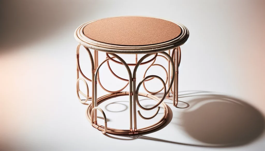 dall%c2%b7e-2024-02-12-22-40-21-a-round-side-table-with-a-cork-top-and-a-delicate-frame-made-of-metal-and-rattan-the-metal-parts-are-painted-in-a-terracotta-color-and-the-rattan-is-4977787
