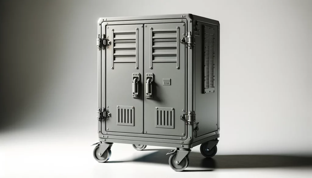 dall%c2%b7e-2024-02-12-23-37-34-a-mobile-metal-storage-cabinet-in-a-matte-gray-finish-the-cabinet-has-a-utilitarian-design-featuring-two-lockable-doors-with-vented-panels-at-the-to-1576938