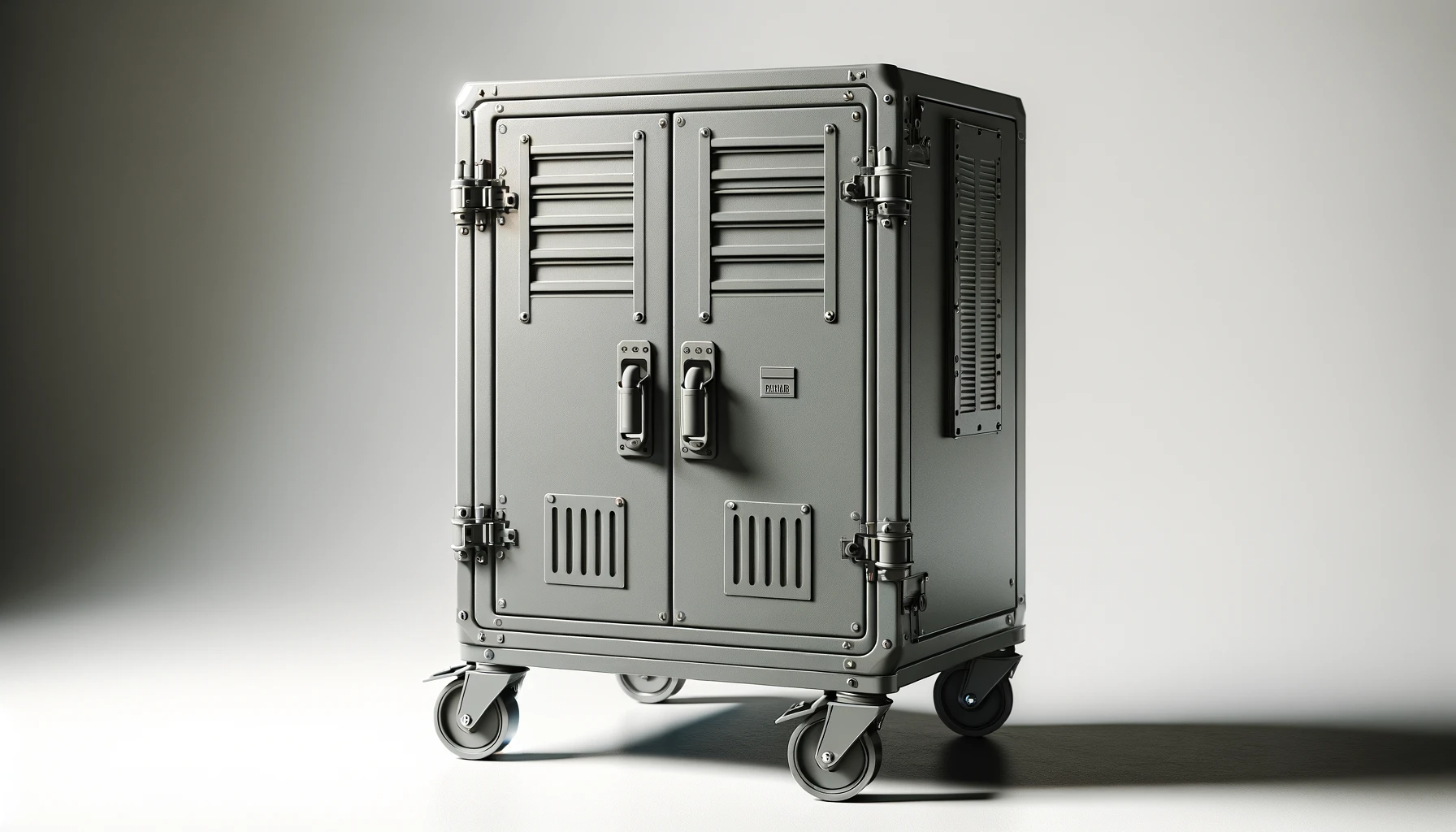 dall%c2%b7e-2024-02-12-23-37-34-a-mobile-metal-storage-cabinet-in-a-matte-gray-finish-the-cabinet-has-a-utilitarian-design-featuring-two-lockable-doors-with-vented-panels-at-the-to-1576938