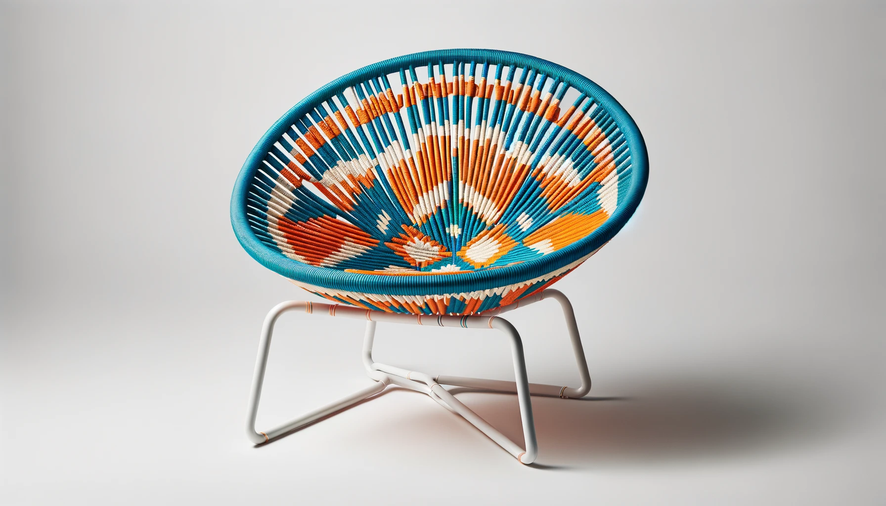 dall%c2%b7e-2024-02-13-02-36-32-a-vibrant-outdoor-acapulco-chair-with-a-white-metal-frame-the-seat-is-handwoven-with-a-striking-pattern-using-blue-and-orange-plastic-cords-that-crea-3524396