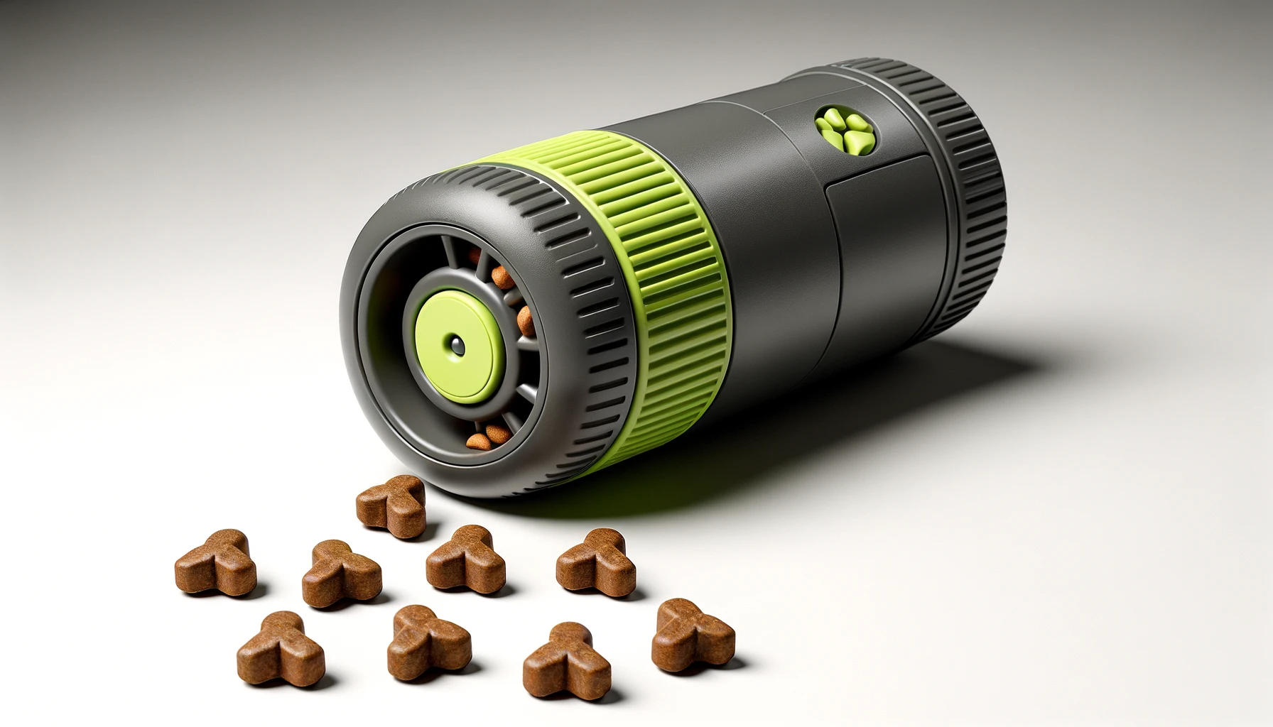 dall%c2%b7e-2024-02-13-20-29-29-a-16_9-full-hd-image-of-a-cylindrical-dog-toy-treat-dispenser-lying-horizontally-the-dispenser-is-dark-grey-with-bright-lime-green-non-slip-grips-on-7871813