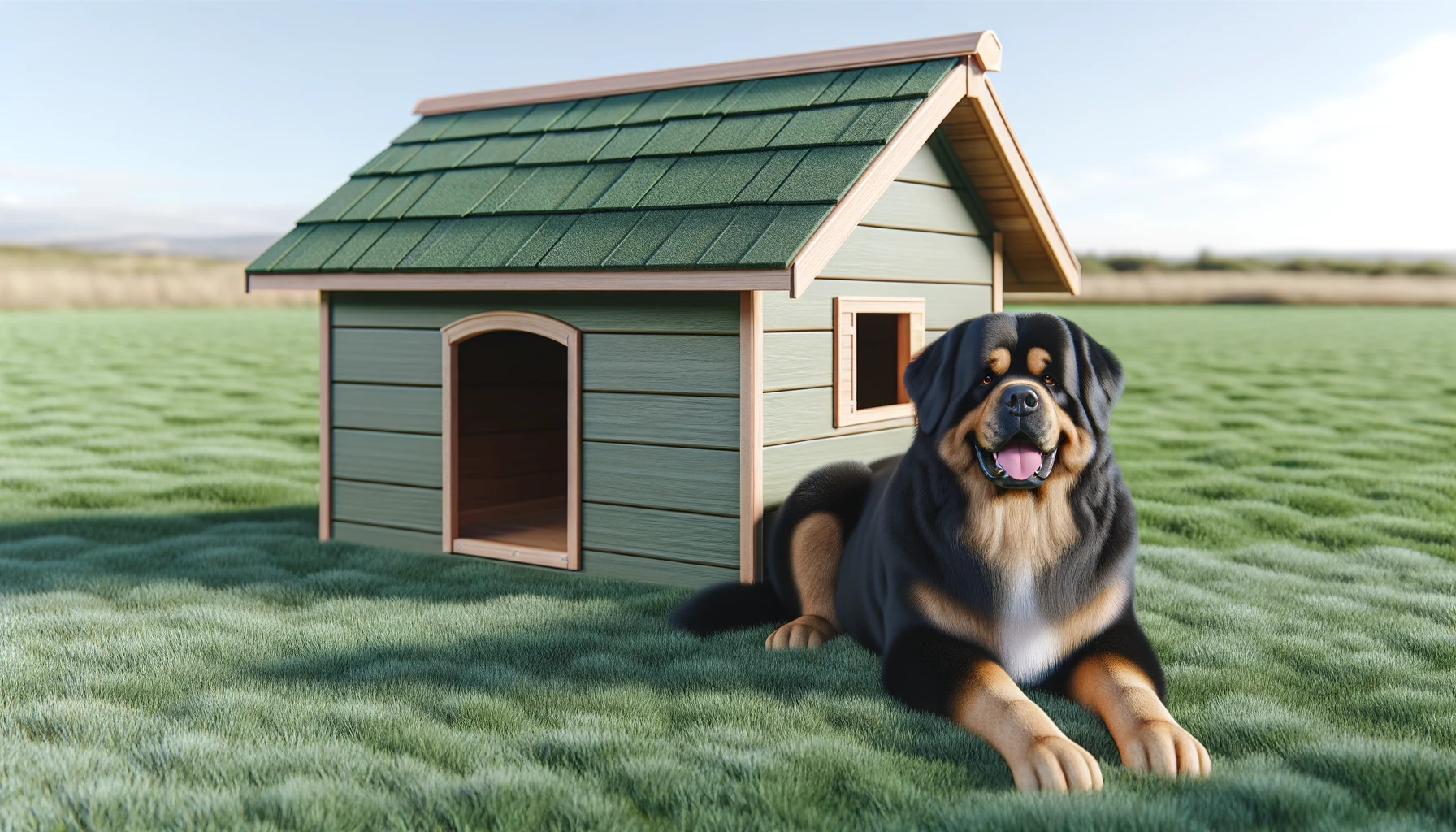 dall%c2%b7e-2024-02-13-21-08-37-create-a-realistic-image-of-a-black-and-tan-large-dog-lying-down-on-a-green-grass-lawn-next-to-a-classic-wooden-dog-house-the-dog-house-should-have-a-5098535