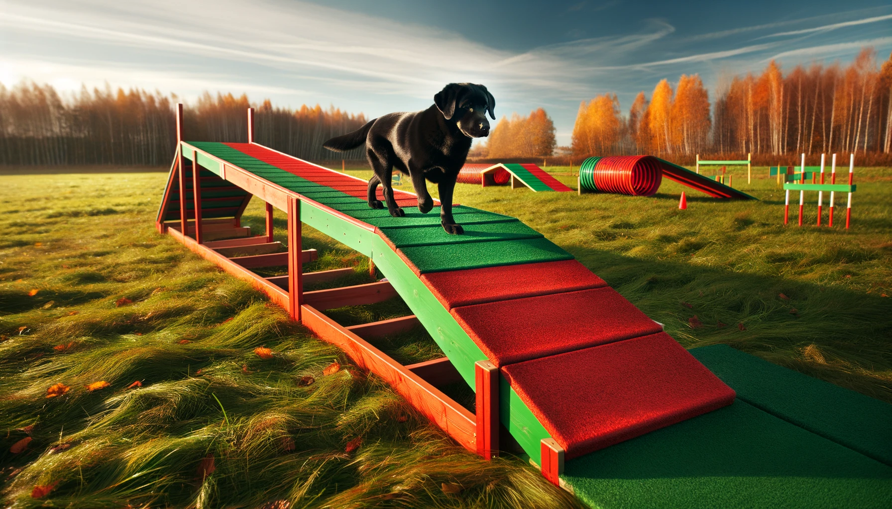 dall%c2%b7e-2024-02-14-07-57-14-a-vibrant-outdoor-scene-with-a-black-dog-walking-down-a-red-and-green-dog-walk-agility-equipment-set-on-a-grassy-field-the-equipment-consists-of-two-5178451