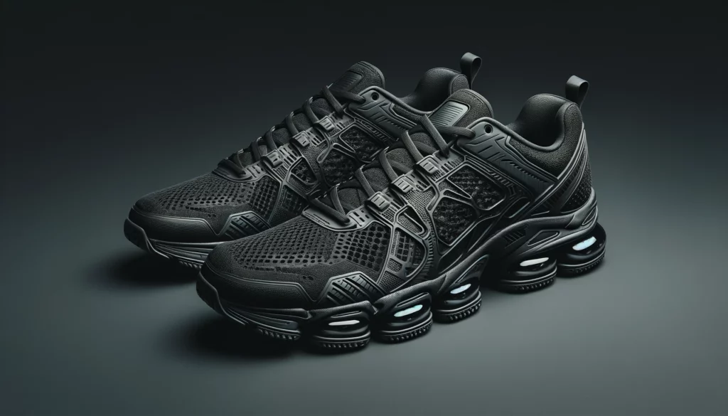 dall%c2%b7e-2024-02-14-23-21-25-generate-an-image-of-a-pair-of-all-black-sports-shoes-the-shoes-should-have-a-complex-multi-textured-upper-with-mesh-synthetic-overlays-and-emboss-2011939