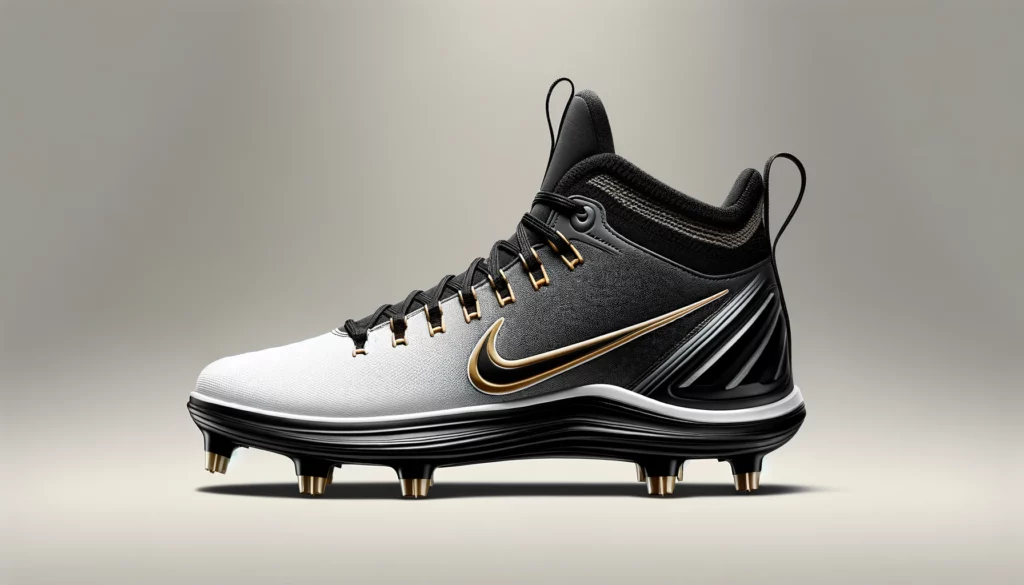 dall%c2%b7e-2024-02-15-03-07-48-create-an-image-of-a-modern-mid-top-baseball-cleat-with-a-white-to-black-gradient-starting-from-the-front-a-prominent-golden-swoosh-logo-on-the-side-2666657