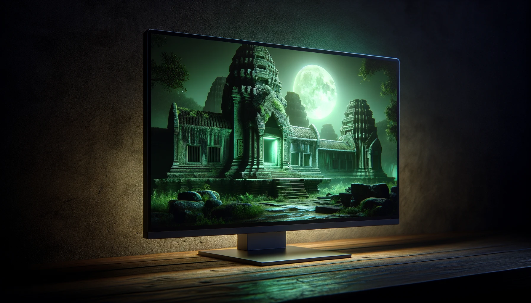 dall%c2%b7e-2024-02-15-18-07-45-a-monitor-displaying-a-photo-of-an-ancient-stone-temple-at-night-the-scene-is-illuminated-by-a-soft-ethereal-green-light-possibly-from-the-moon-ca-9331982