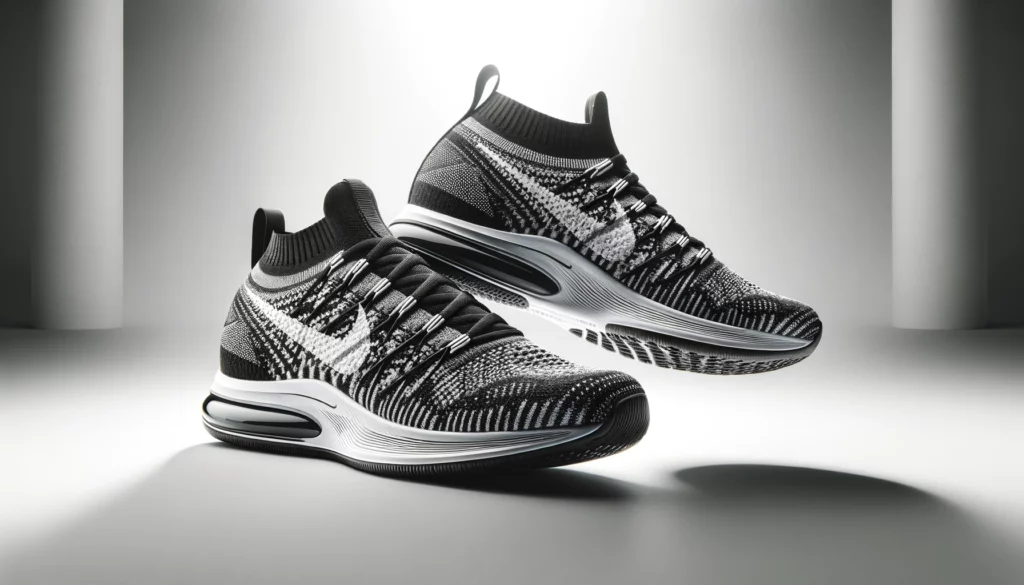 dall%c2%b7e-2024-02-16-04-25-46-a-pair-of-modern-running-shoes-featuring-a-black-and-white-knit-pattern-the-design-includes-a-white-swoosh-logo-on-the-side-and-black-laces-they-are-6204421