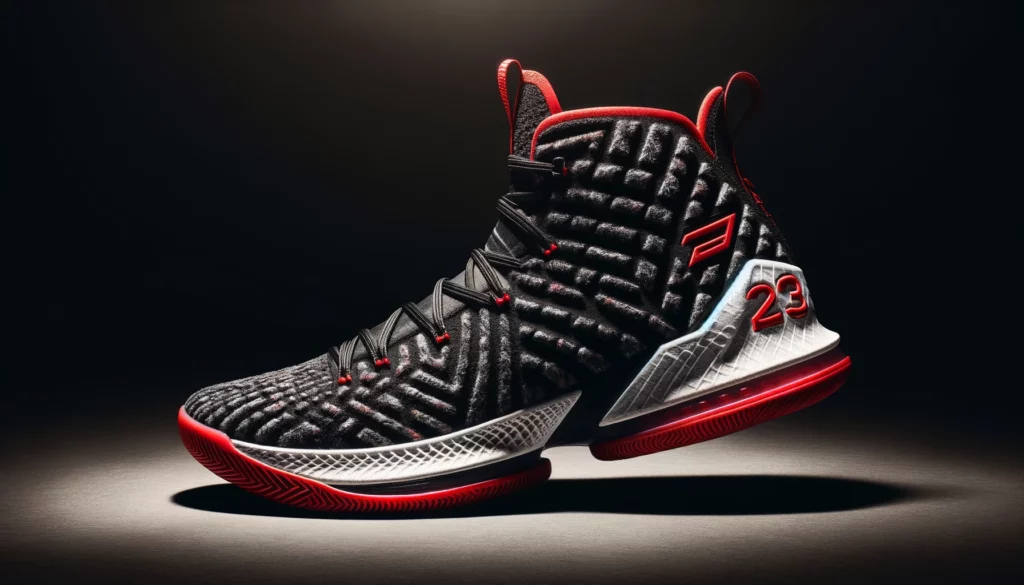dall%c2%b7e-2024-02-16-04-31-44-a-high-top-basketball-sneaker-featuring-a-textured-black-upper-with-a-unique-pattern-it-has-bold-red-accents-including-a-red-pull-tab-and-number-23-6329698