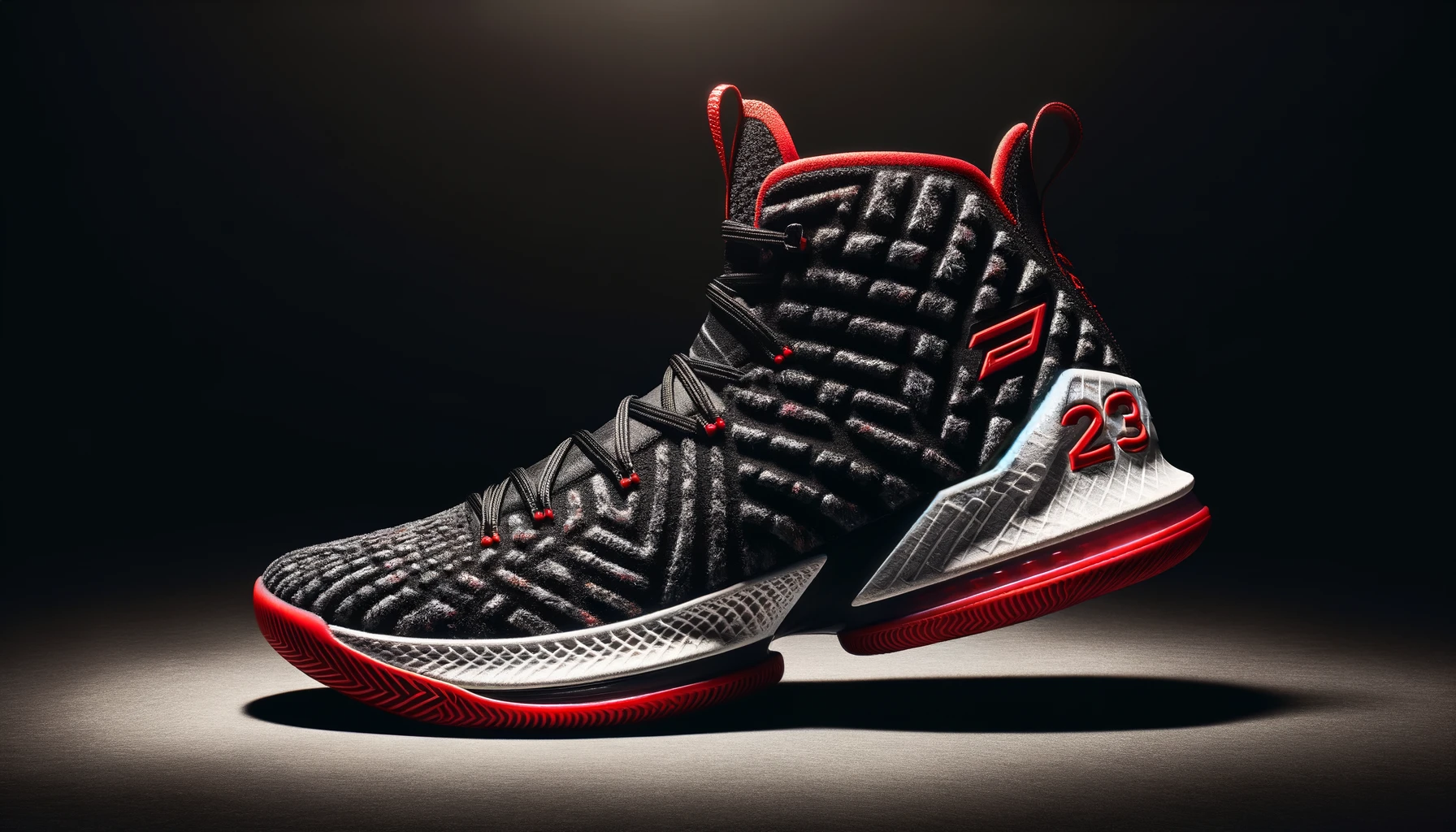 dall%c2%b7e-2024-02-16-04-31-44-a-high-top-basketball-sneaker-featuring-a-textured-black-upper-with-a-unique-pattern-it-has-bold-red-accents-including-a-red-pull-tab-and-number-23-6329698