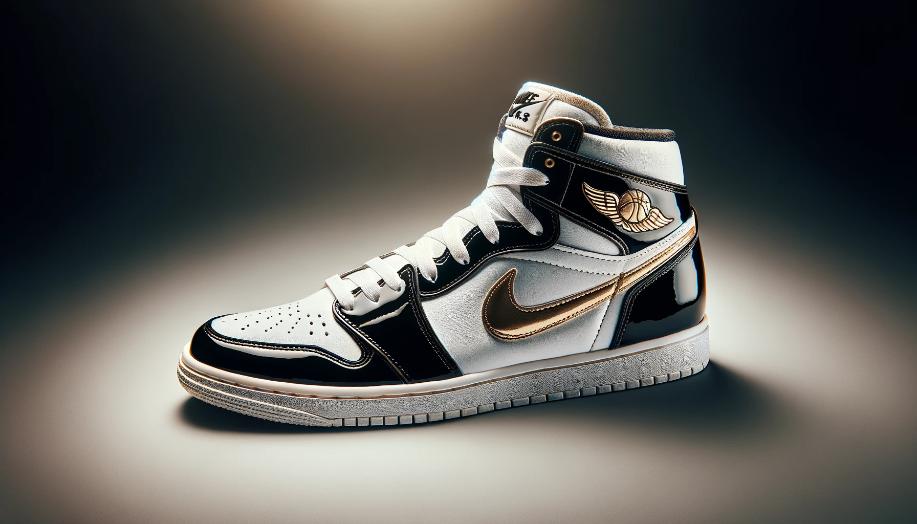 dall%c2%b7e-2024-02-16-05-04-38-a-classic-high-top-basketball-sneaker-with-a-black-patent-leather-toe-cap-and-white-upper-it-features-a-metallic-gold-swoosh-and-matching-winged-bask-6233987