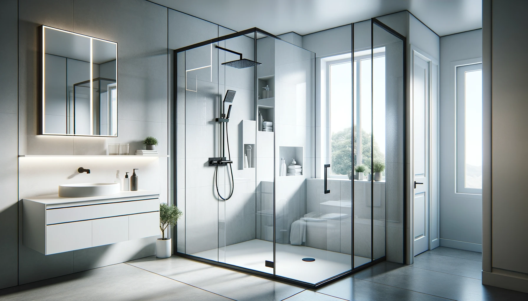 dall%c2%b7e-2024-02-19-11-11-15-modern-bathroom-design-featuring-a-corner-shower-with-a-clear-glass-enclosure-and-a-black-frame-inside-the-shower-theres-a-white-wall-mounted-showe-6352562