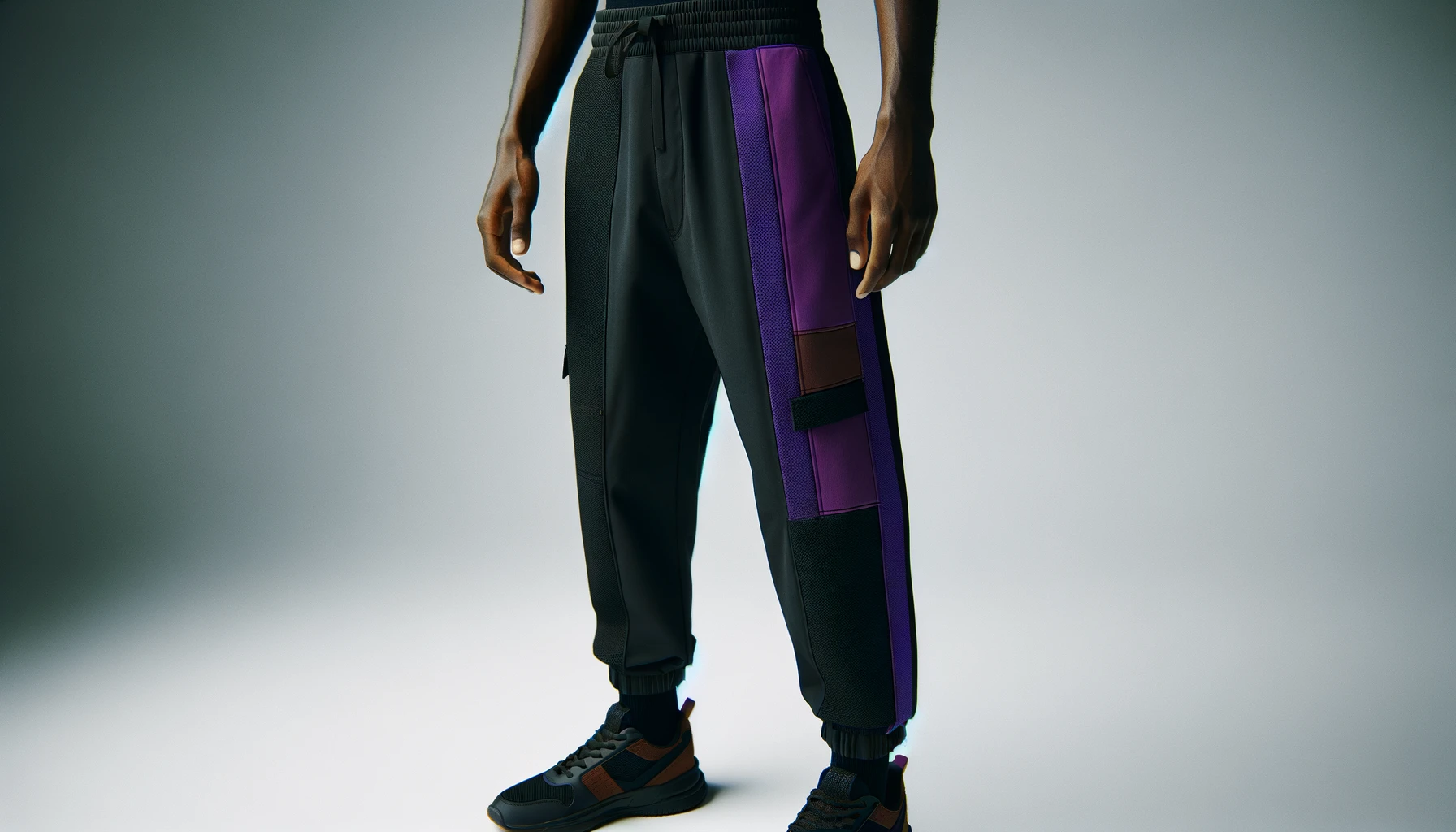 dall%c2%b7e-2024-02-19-23-17-18-a-high-resolution-photograph-focusing-on-modern-athletic-pants-worn-by-a-model-the-pants-are-black-with-a-bold-purple-panel-on-the-side-starting-fro-6217252