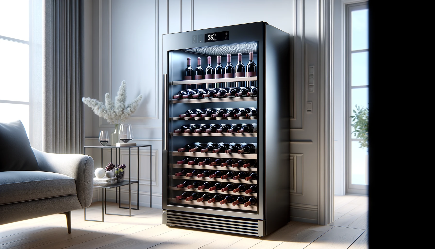 dall%c2%b7e-2024-02-20-09-39-30-create-an-image-of-a-modern-wine-cooler-cabinet-the-cabinet-should-be-tall-and-slim-with-a-black-body-and-a-glass-door-that-allows-a-clear-view-of-t-4657957