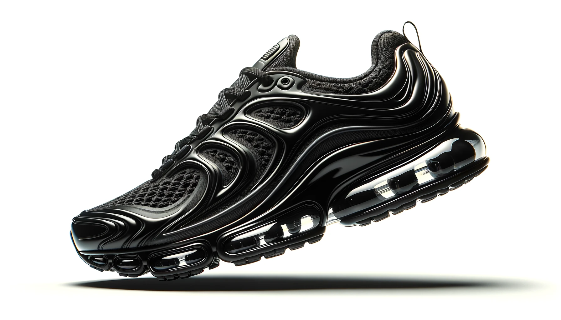 dall%c2%b7e-2024-02-20-12-33-37-a-single-black-running-shoe-with-visible-air-cushion-units-on-a-white-background-the-shoe-features-a-mesh-upper-with-glossy-wavy-synthetic-overlays-4096448