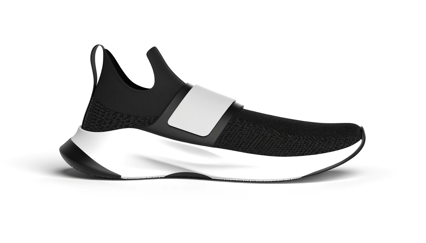 DALL·E-2024-02-21-14.20.30-A-digital-image-of-a-single-modern-sneaker-featuring-a-slip-on-design-without-laces.-The-sneaker-is-black-and-white-with-a-unique-split-sole-that-is-