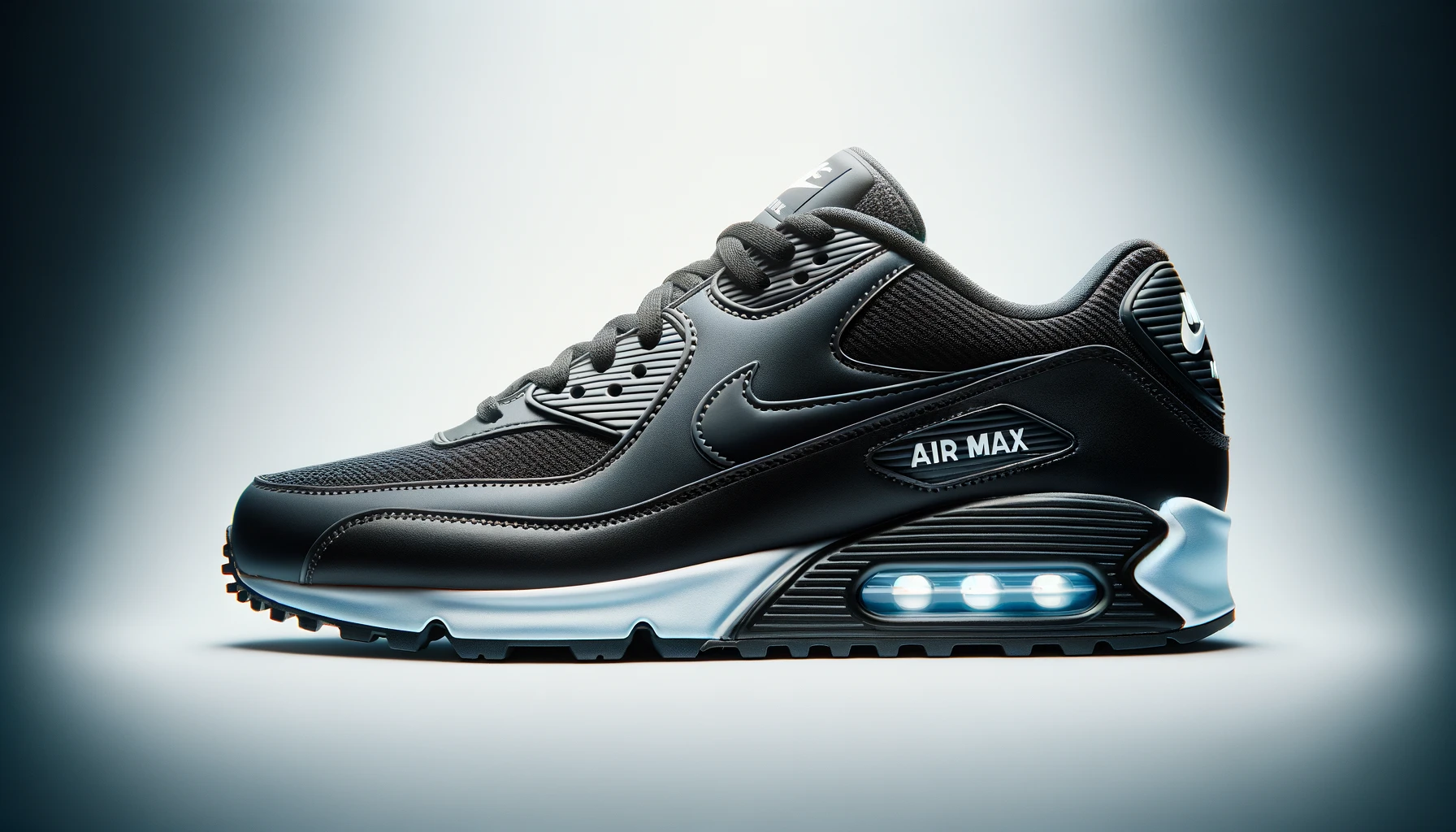 DALL·E-2024-02-21-14.31.11-A-digital-image-of-a-single-Nike-Air-Max-90-sneaker-for-men-showcasing-the-classic-design.-The-sneaker-has-a-black-mesh-upper-with-black-leather-over