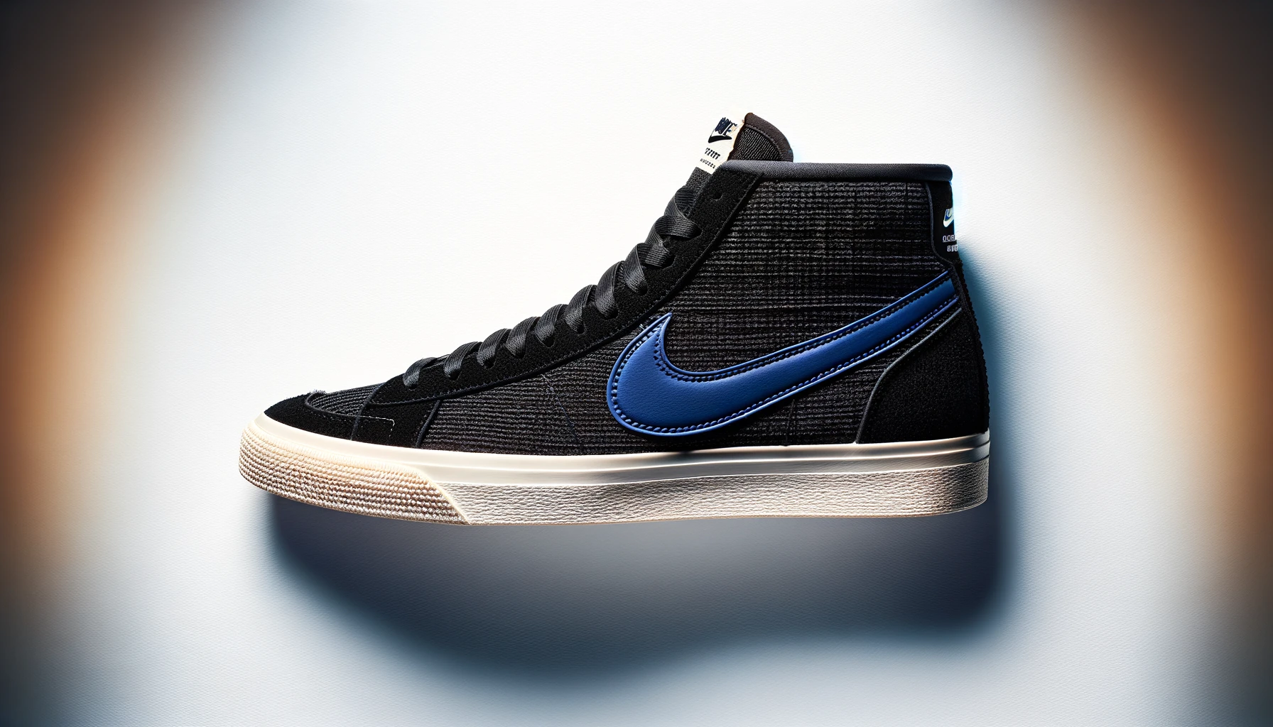 DALL·E-2024-02-21-14.55.47-A-single-black-mid-top-sneaker-with-a-retro-design-featuring-a-royal-blue-swoosh-logo-on-the-side.-The-sneaker-has-a-textured-fabric-upper-with-visib