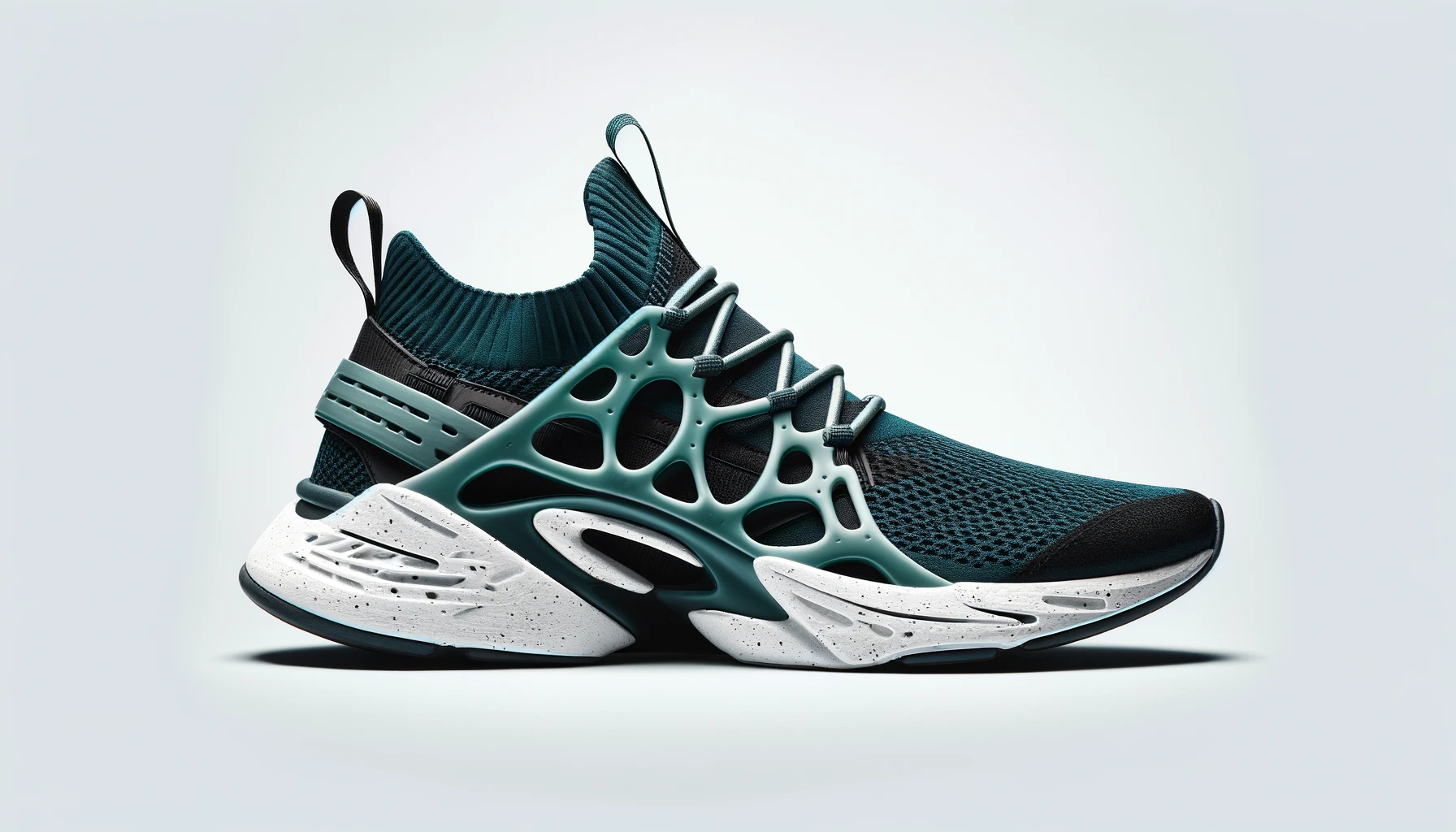DALL·E-2024-02-21-15.13.48-A-single-modern-sneaker-with-a-sleek-design-featuring-a-dark-teal-green-neoprene-upper-with-a-unique-cage-like-lacing-system-in-a-matching-color.-The