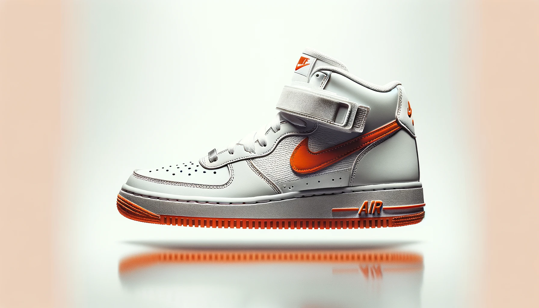 DALL·E-2024-02-21-15.36.39-A-single-white-mid-top-sneaker-with-contrasting-orange-accents-featuring-a-classic-design-with-perforations-on-the-toe-box-for-breathability-a-Velcr