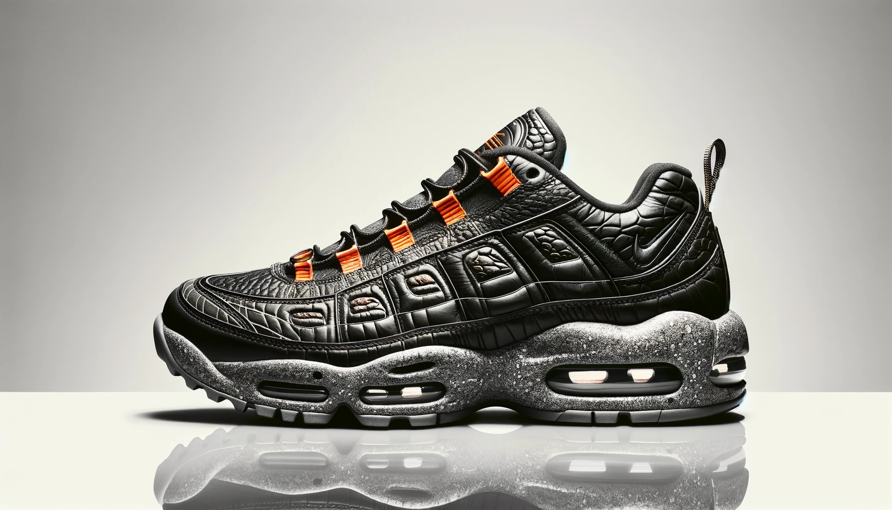 DALL·E-2024-02-21-17.18.57-A-single-low-top-sneaker-with-a-luxurious-black-leather-upper-featuring-various-textures-including-a-section-with-a-distinctive-elephant-skin-like-pa