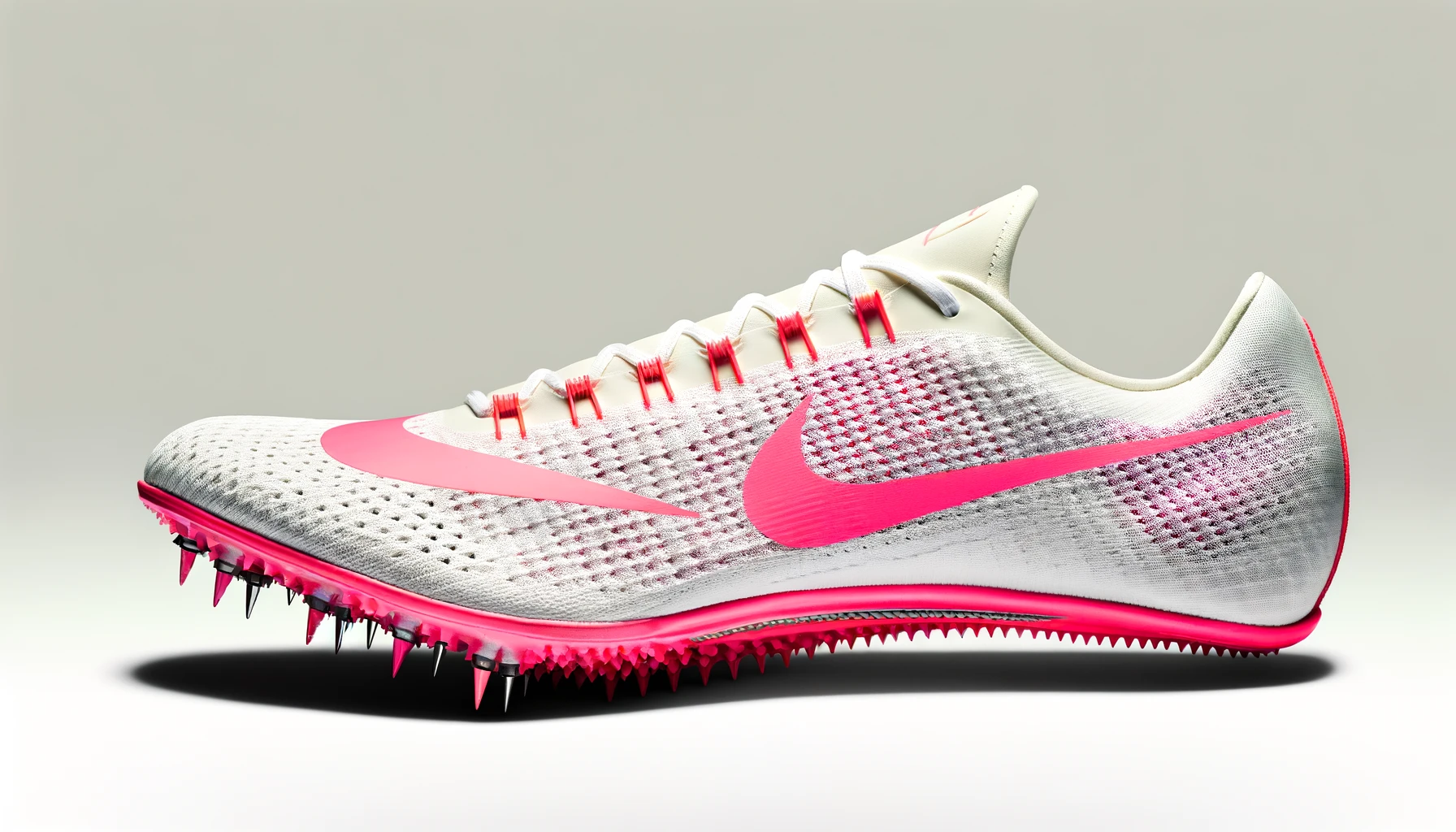 DALL·E-2024-02-21-17.54.37-A-single-low-top-track-spike-shoe-with-a-modern-design-predominantly-off-white-with-vibrant-pink-details.-The-shoe-features-a-lightweight-woven-uppe