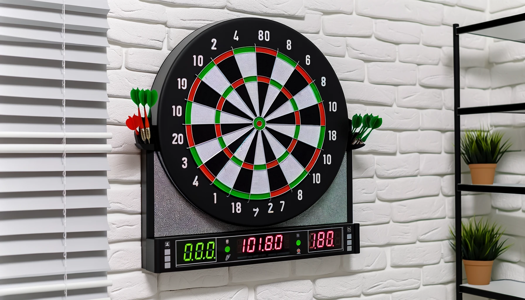 DALL·E-2024-02-22-09.47.12-An-image-of-an-electronic-dartboard-mounted-on-a-white-brick-wall.-The-dartboard-has-a-traditional-circular-shape-with-standard-dartboard-colors_-blac