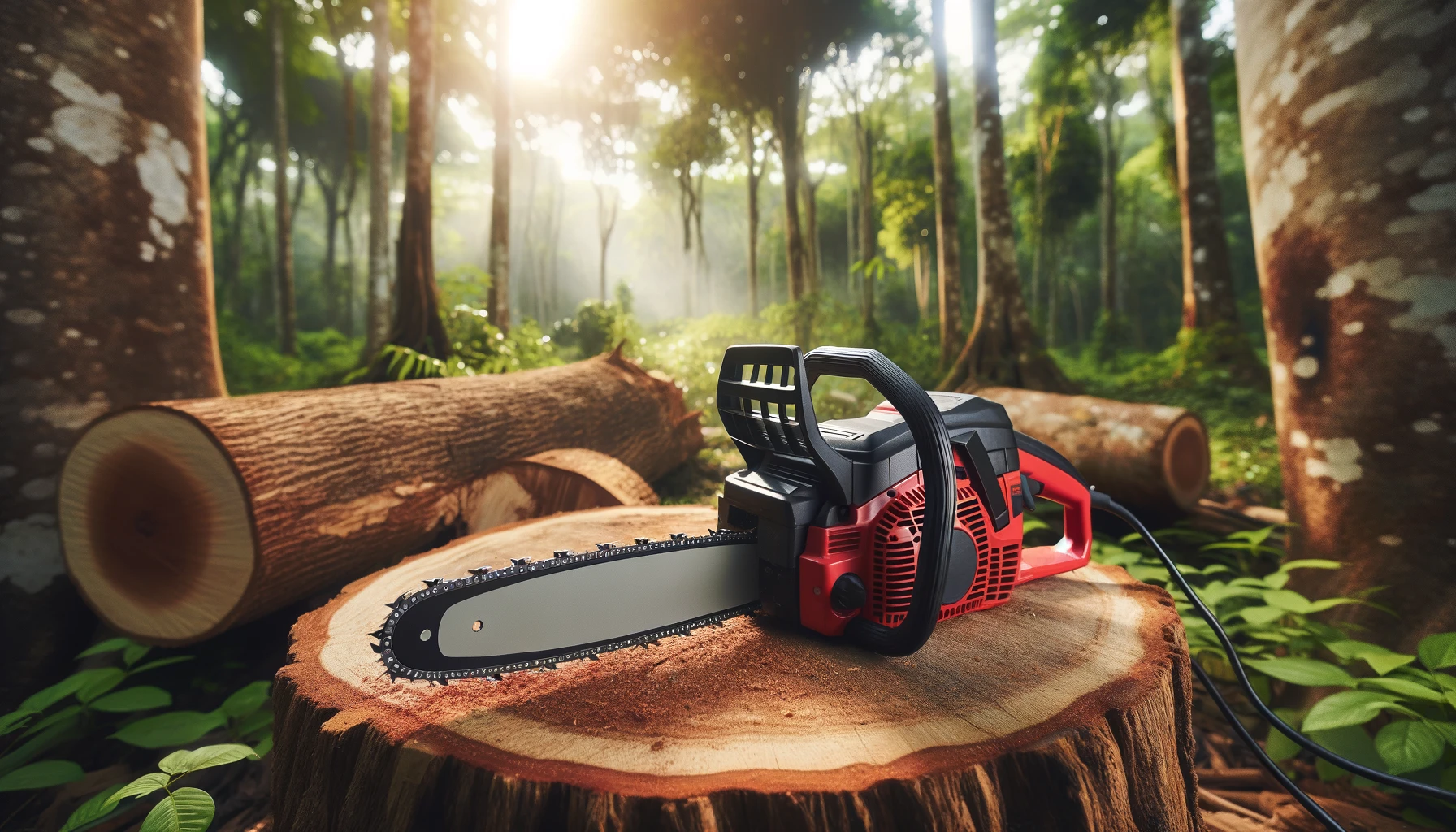 DALL·E-2024-02-22-10.13.32-A-photograph-of-a-red-and-black-electric-chainsaw-placed-on-a-large-tree-log-in-a-forest-setting.-The-saw-is-at-rest-with-its-cord-visible-trailing-o
