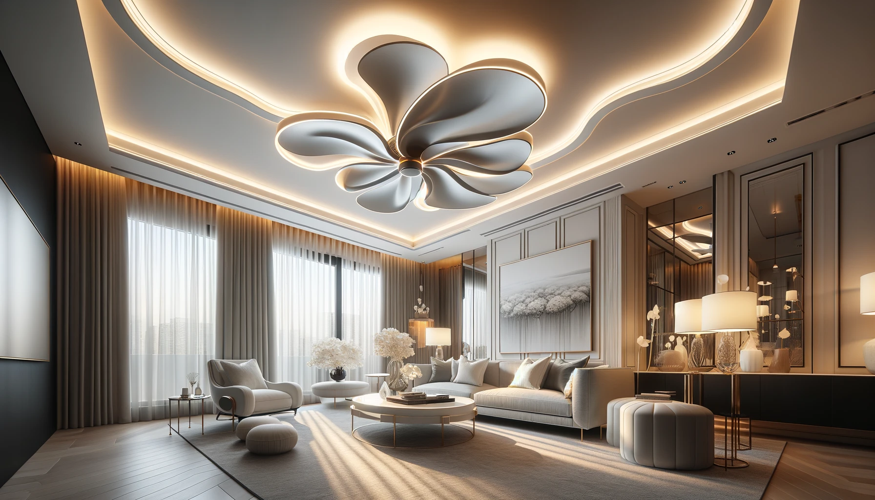 DALL·E-2024-02-22-10.30.34-A-luxurious-and-contemporary-living-room-featuring-an-artistic-ceiling-fan-with-integrated-lighting.-The-fan-has-a-unique-design-with-curvy-white-blad