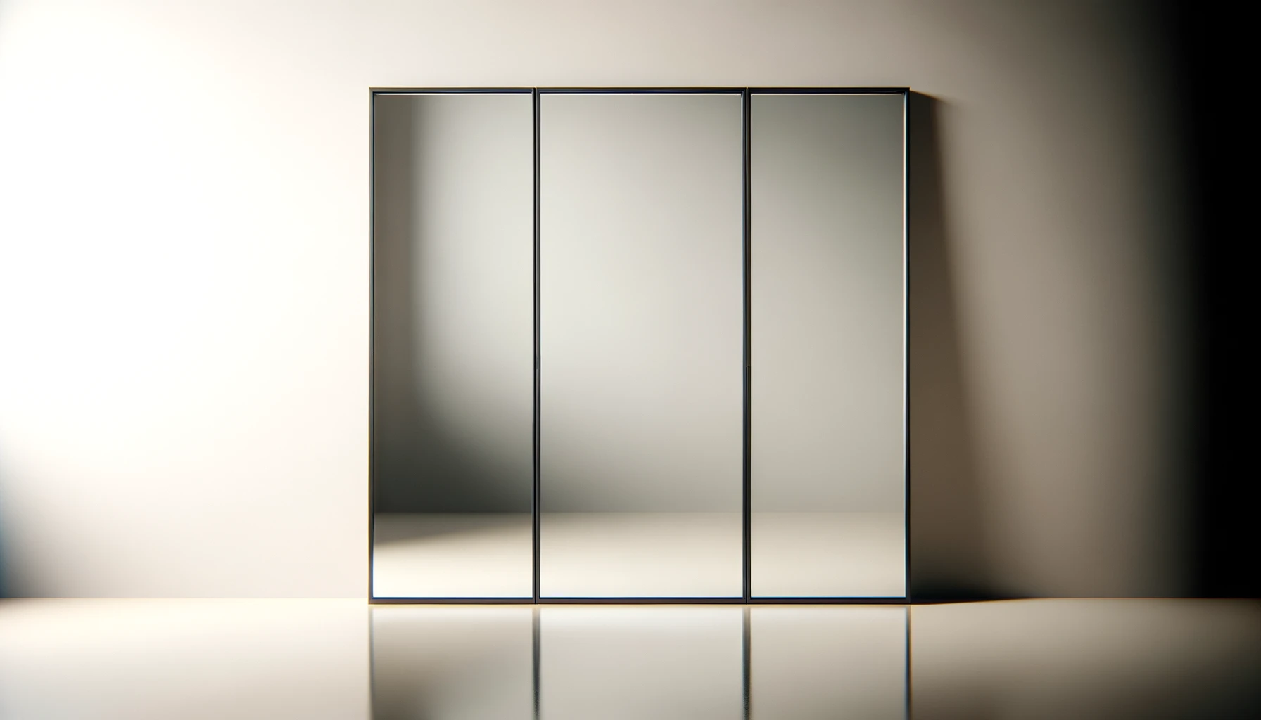 DALL·E-2024-02-22-12.33.48-A-modern-triptych-mirror-with-a-minimalist-design.-The-mirror-consists-of-three-equal-sized-rectangular-panels-aligned-horizontally.-Each-panel-is-bor