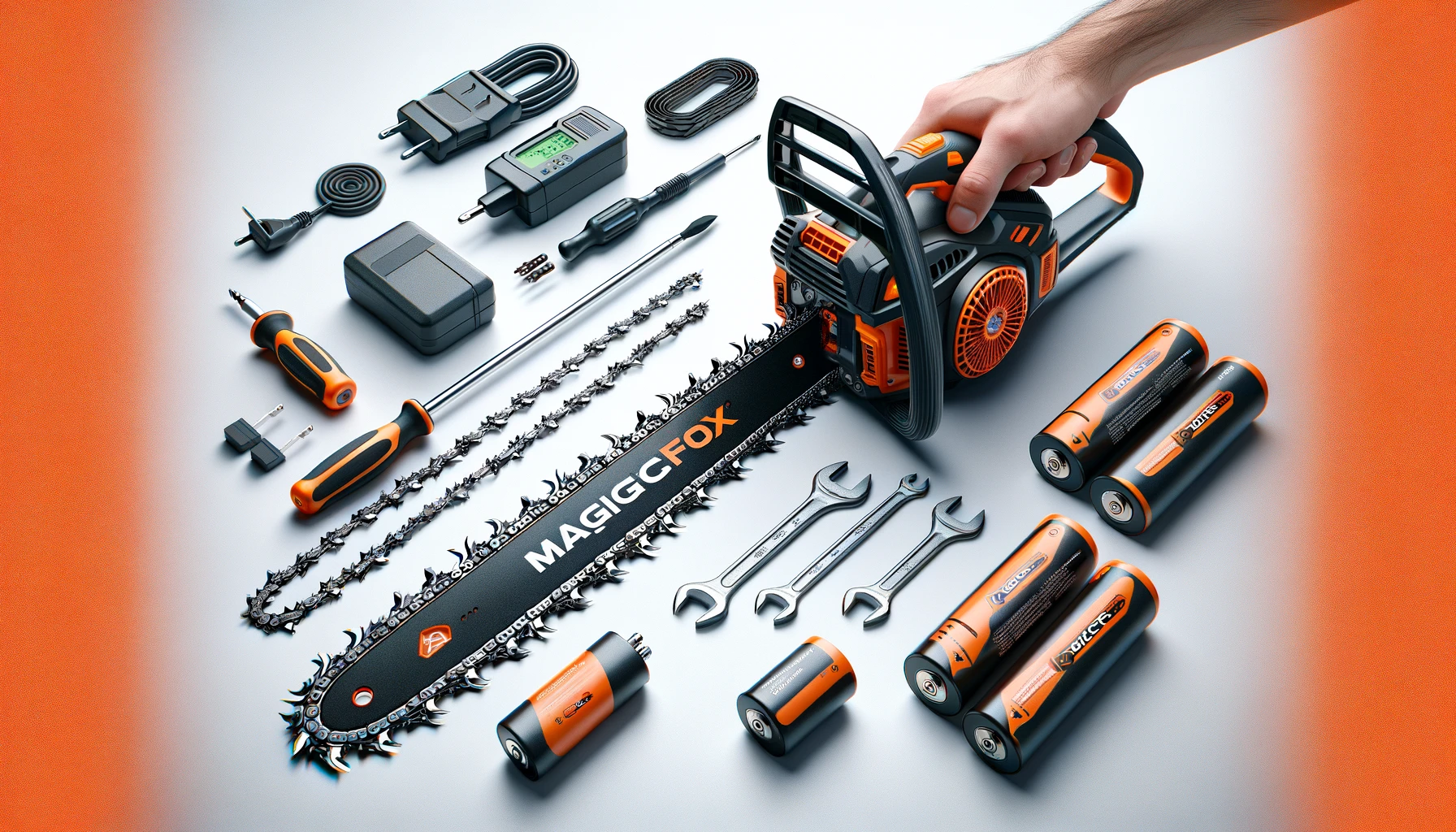 DALL·E-2024-02-22-16.22.26-Create-a-realistic-product-montage-of-a-battery-powered-handheld-chainsaw.-Include-two-spare-chains-a-screwdriver-a-charging-adapter-and-two-additi