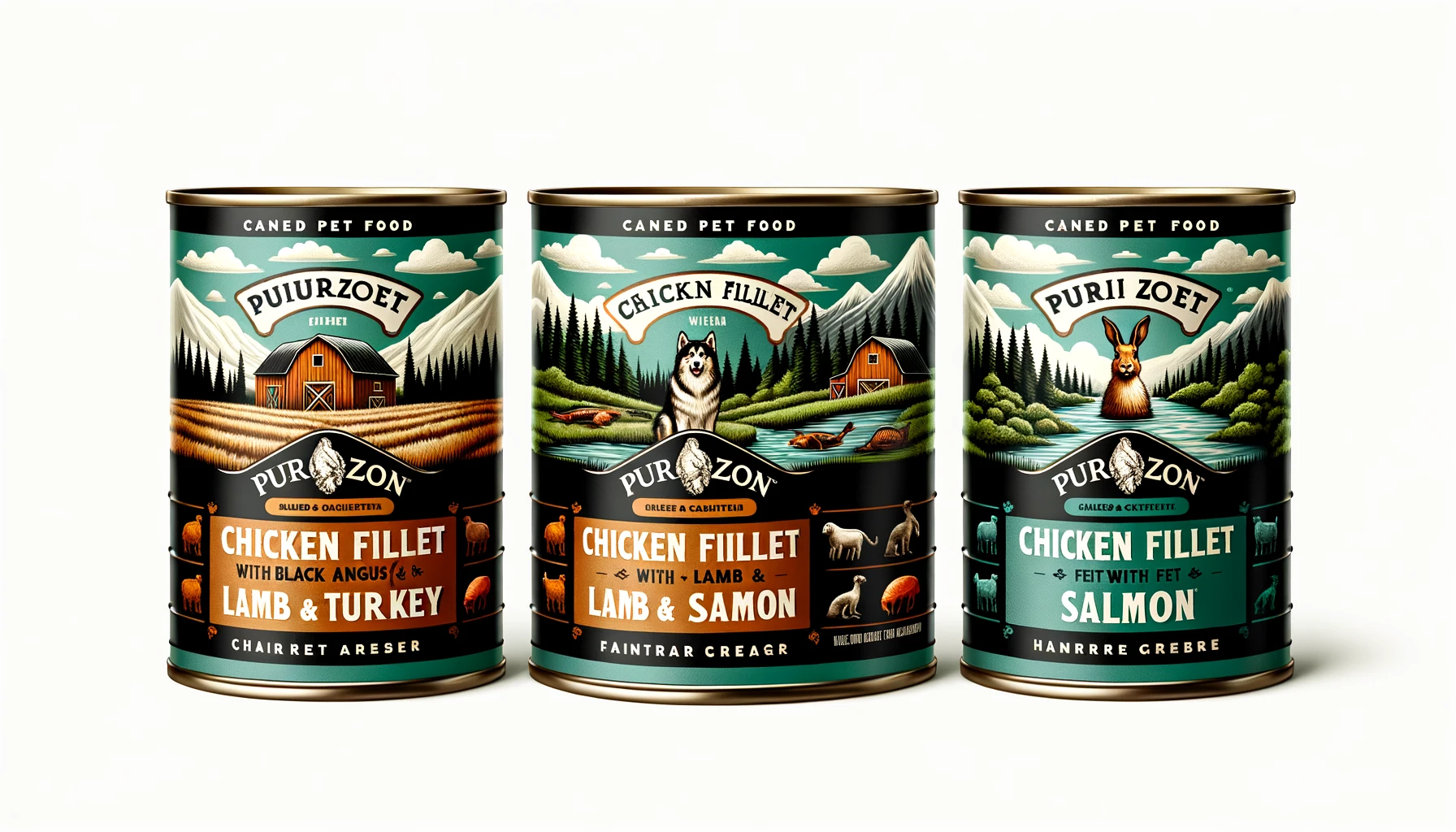 DALL·E-2024-02-22-16.26.42-Create-an-image-featuring-four-canned-pet-food-products-neatly-arranged.-Each-can-should-have-a-different-label_-Chicken-Fillet-with-Black-Angus-Tu