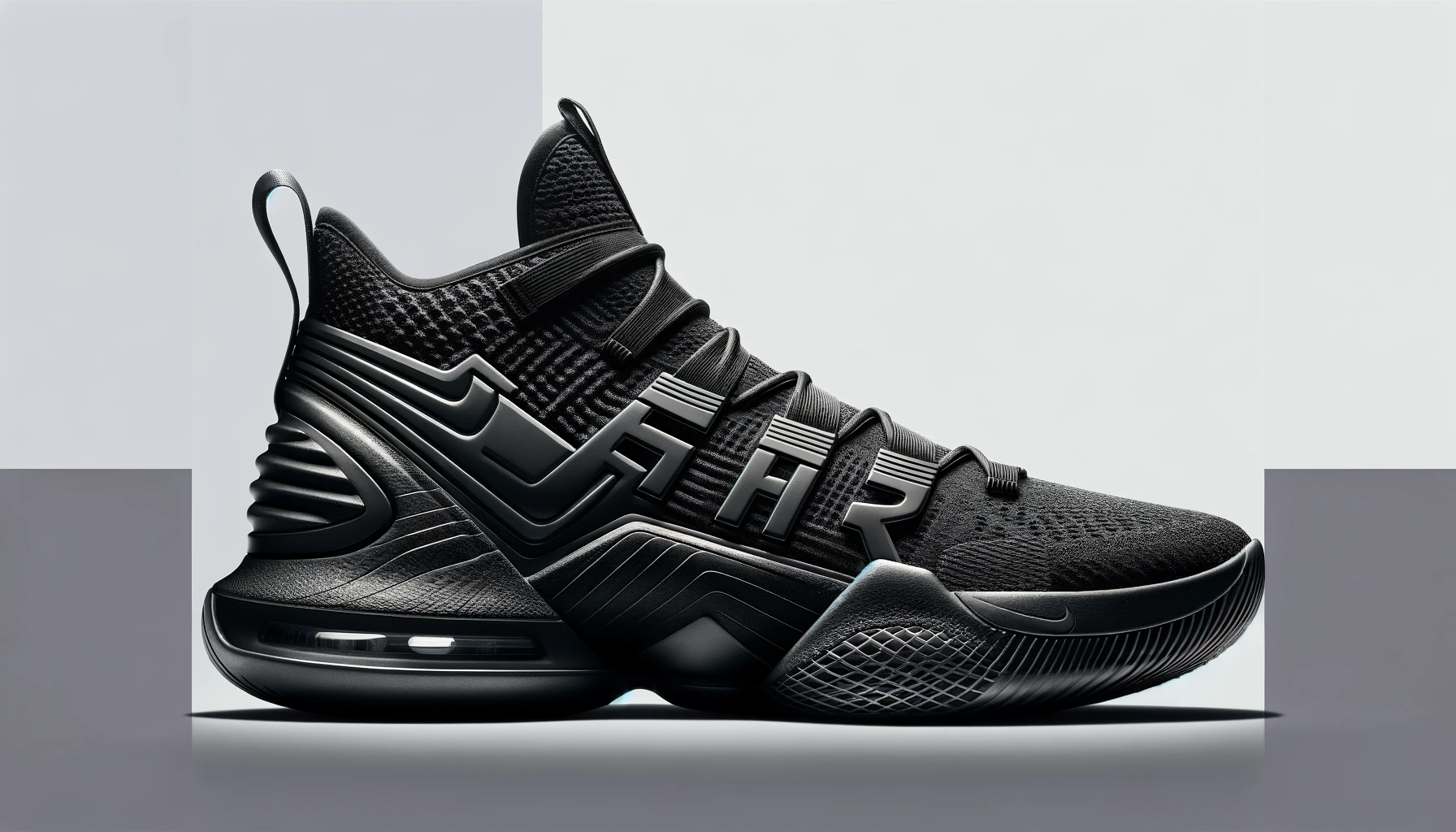 DALL·E-2024-02-22-16.41.27-A-single-modern-basketball-sneaker-presented-in-profile-view.-The-sneaker-has-a-low-top-design-and-is-colored-in-solid-black-with-textural-variety-i