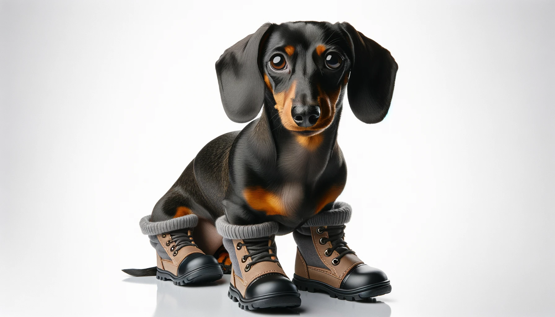 DALL·E-2024-02-22-17.00.35-Create-an-image-of-a-small-sleek-dachshund-dog-with-a-shiny-black-and-tan-coat.-The-dog-should-be-wearing-a-set-of-fashionable-protective-boots-in-d