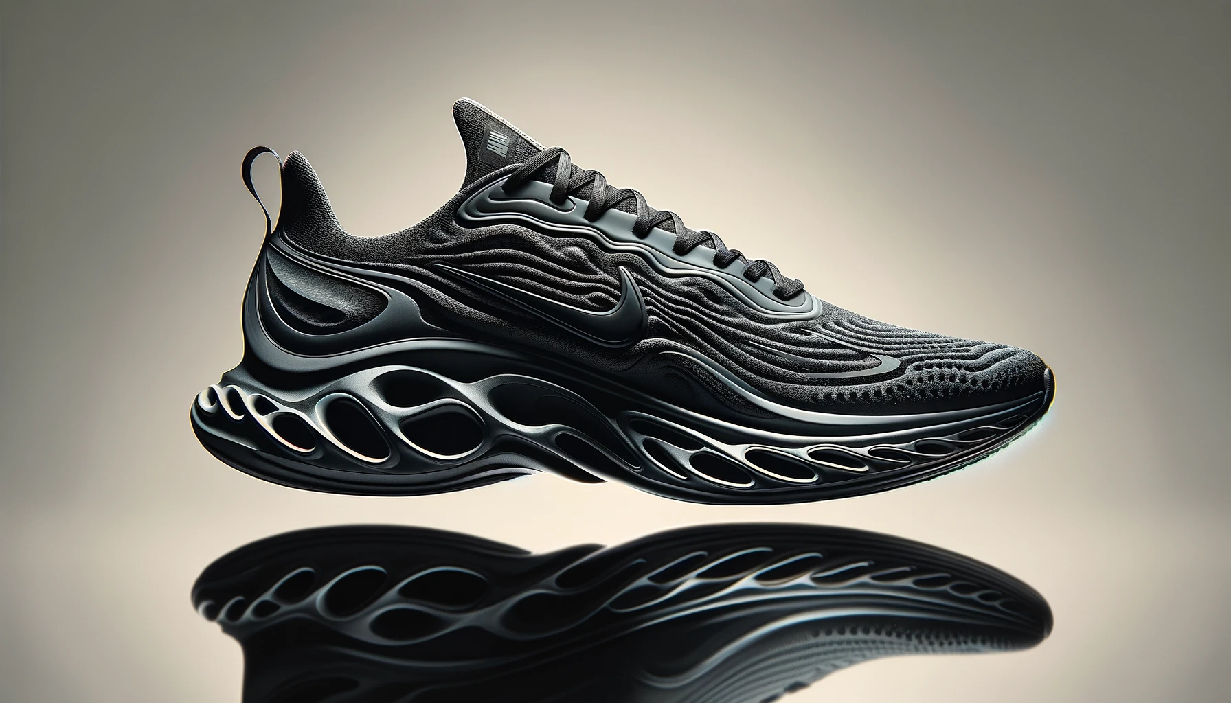 DALL·E-2024-02-22-18.13.28-A-modern-running-shoe-in-a-side-profile-featuring-a-sleek-black-upper-with-a-subtle-pattern-a-curved-silhouette-and-dynamic-wave-like-side-panels.-