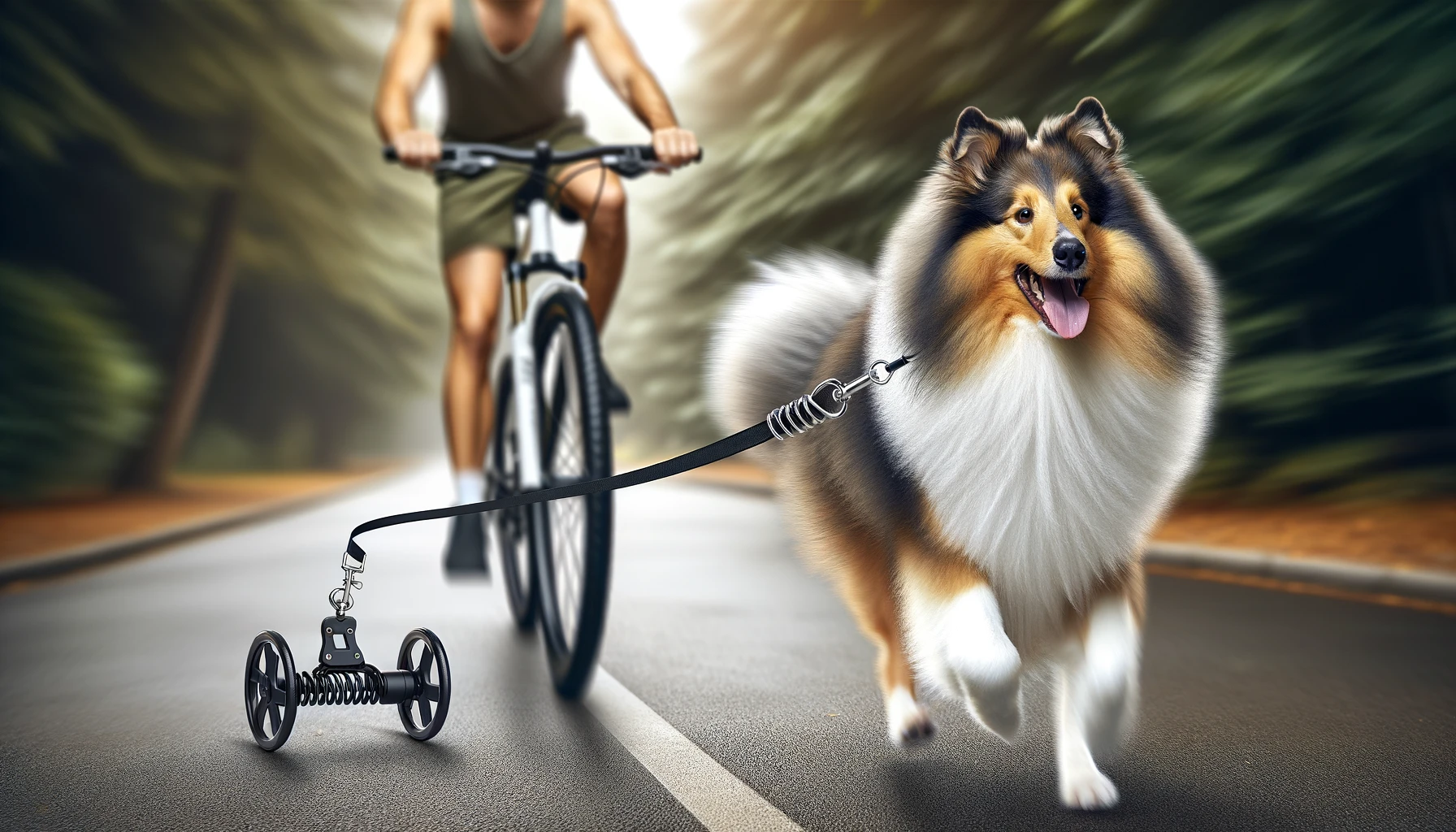 DALL·E-2024-02-22-19.12.14-Create-an-image-of-an-active-fluffy-sable-and-white-collie-dog-jogging-alongside-a-bicycle.-The-bicycle-should-be-modern-with-a-rider-visible-only-f
