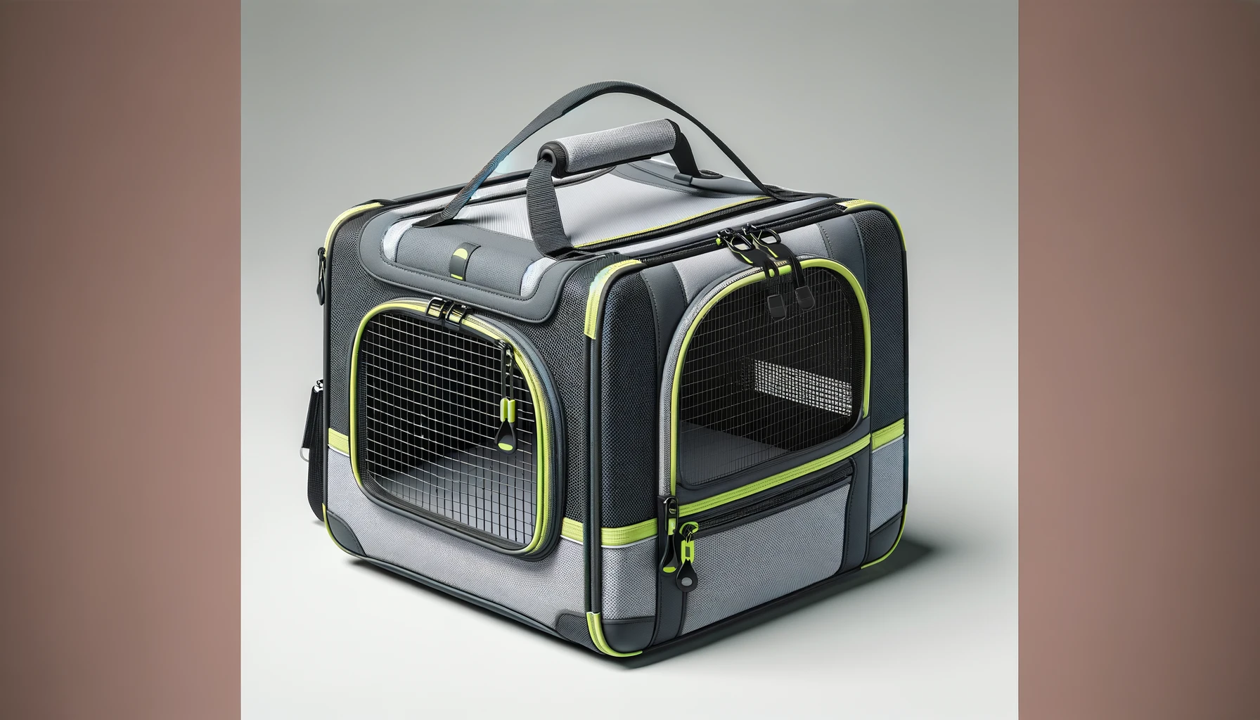 DALL·E-2024-02-22-19.20.12-A-square-soft-sided-pet-carrier-with-a-grey-and-black-color-scheme-and-vibrant-lime-green-accents.-It-features-a-mesh-front-door-mesh-side-panels-fo