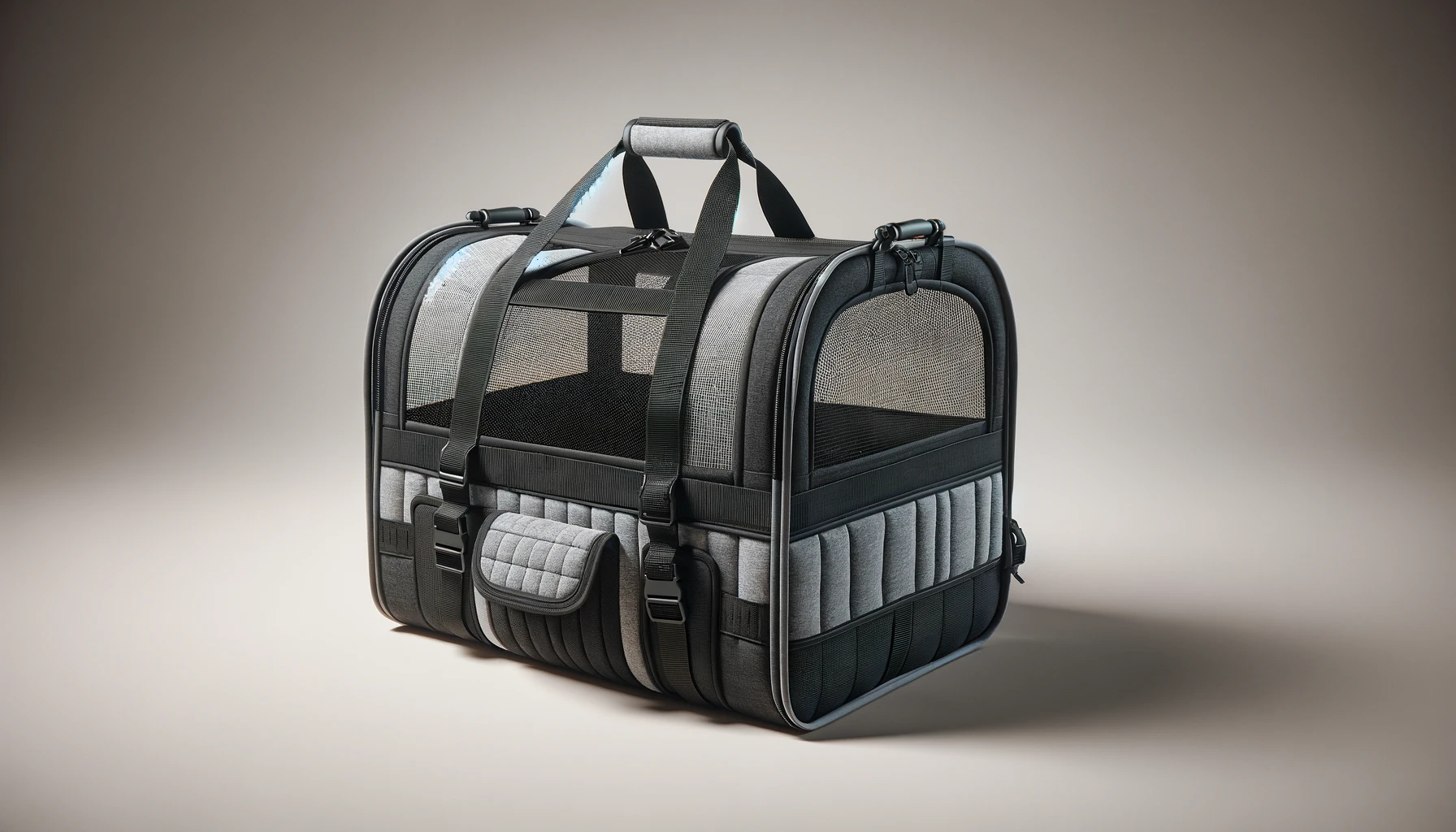 DALL·E-2024-02-22-19.25.20-A-portable-collapsible-fabric-pet-carrier-in-a-16_9-aspect-ratio.-The-carrier-is-predominantly-black-with-grey-accents-featuring-a-wide-mesh-opening