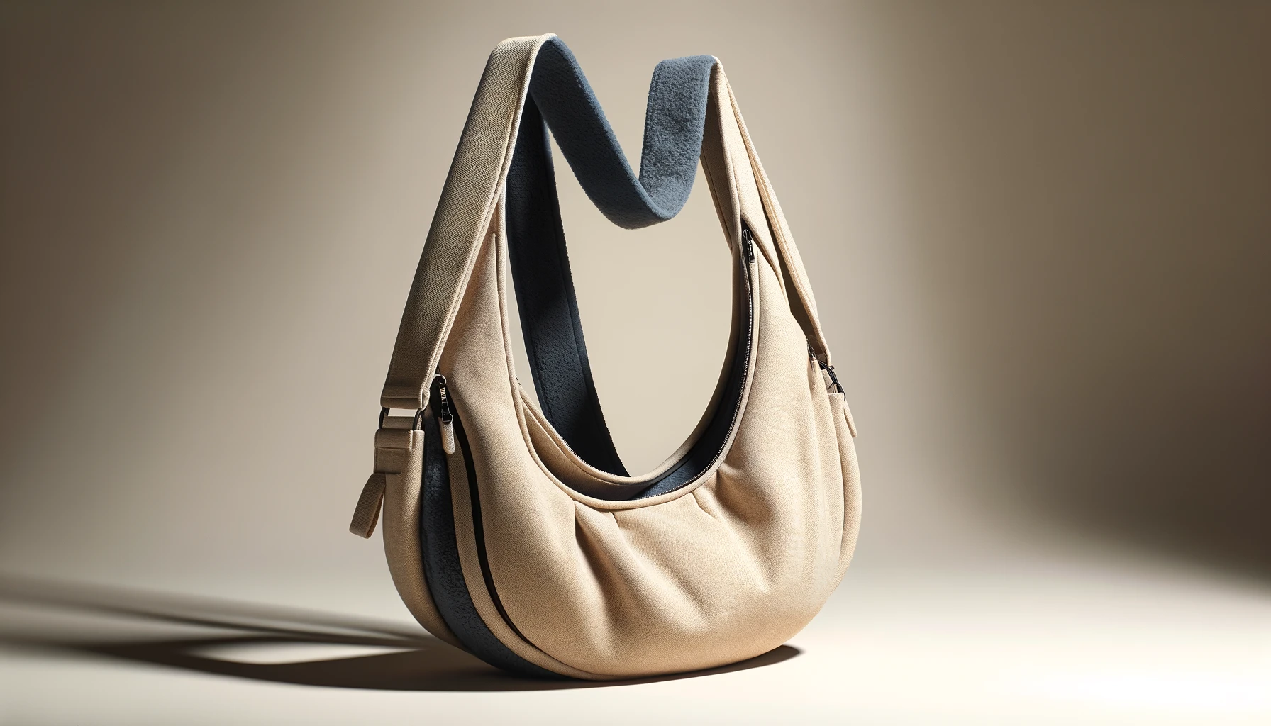 DALL·E-2024-02-22-20.03.02-A-stylish-sling-style-pet-carrier-in-a-16_9-aspect-ratio.-The-carrier-is-made-of-a-soft-sandy-beige-fabric-looking-comfortable-and-casual.-Its-des