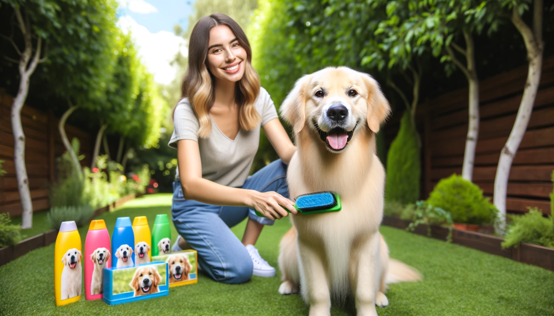 DALL·E-2024-02-23-07.31.16-A-cheerful-scene-in-a-lush-green-backyard-where-a-smiling-woman-is-grooming-a-happy-golden-retriever.-The-dog-is-standing-looking-directly-at-the-cam