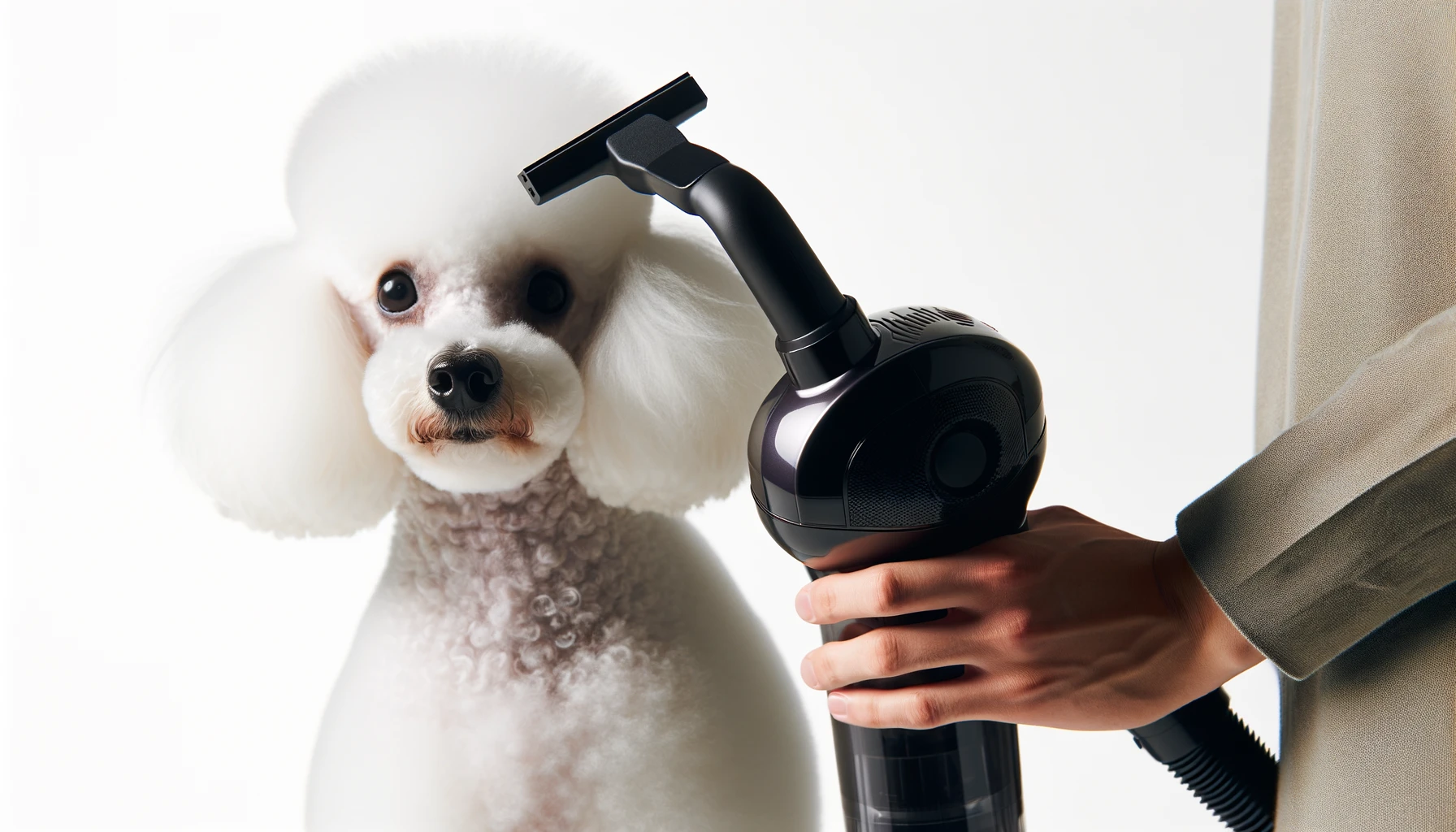 DALL·E-2024-02-23-07.39.07-A-close-up-of-a-person-grooming-a-white-poodle-with-a-handheld-vacuum-cleaner-against-a-clean-white-background.-The-vacuum-cleaner-is-small-and-black