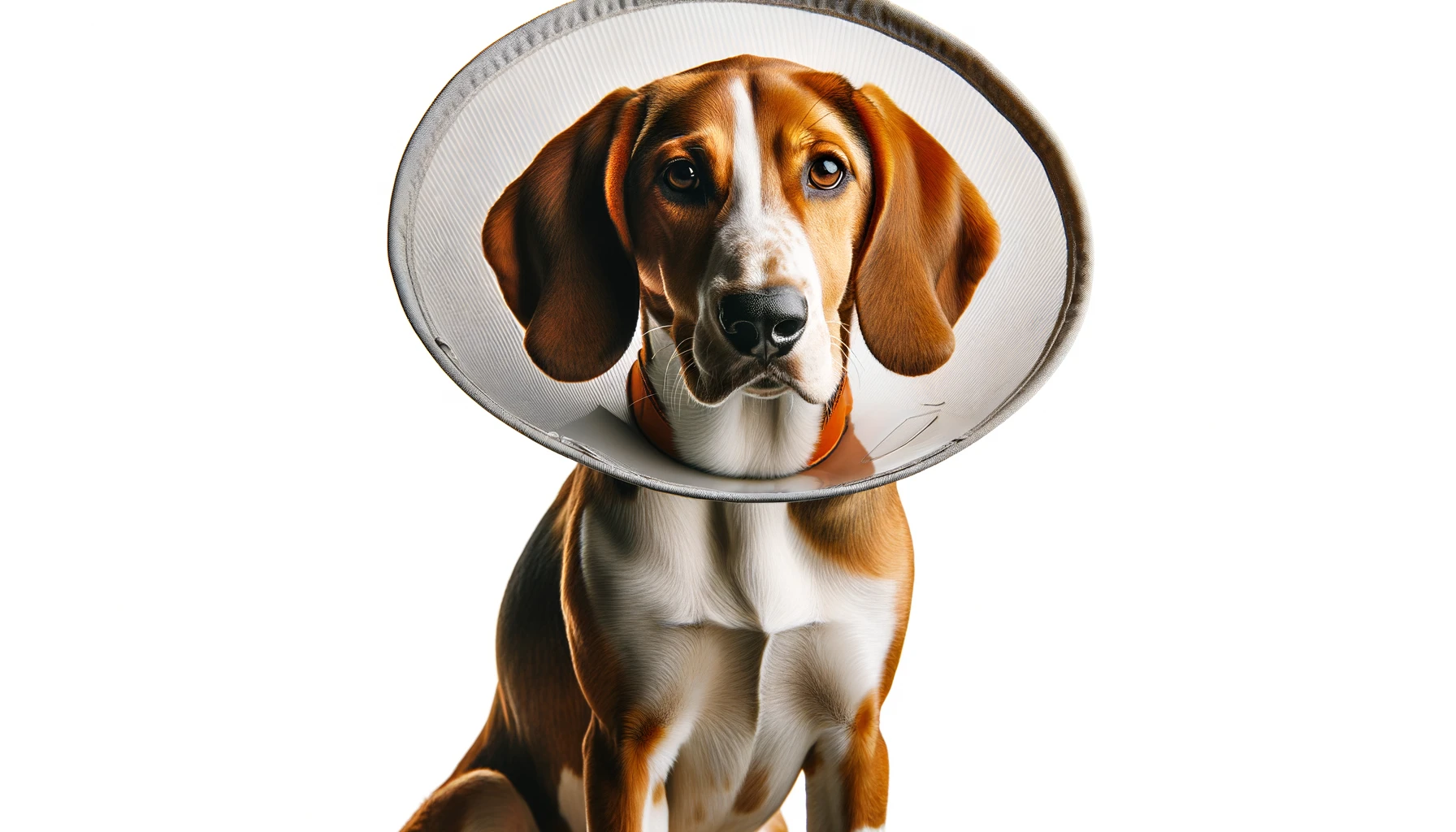 DALL·E-2024-02-23-07.47.48-A-brown-and-white-hound-dog-sitting-and-looking-directly-at-the-camera-wearing-a-silver-inflatable-collar-commonly-known-as-a-cone-of-shame.-The-d