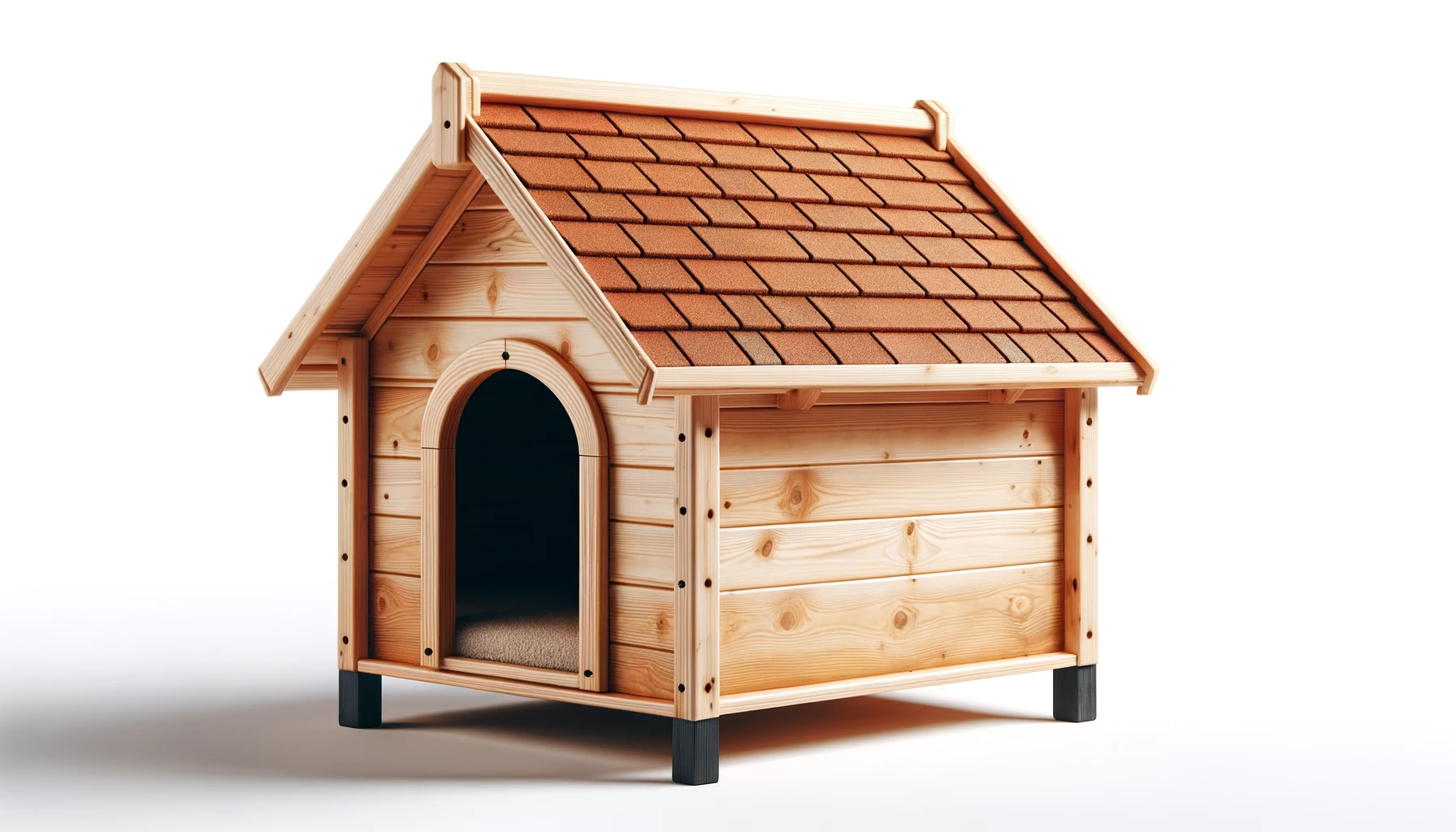 DALL·E-2024-02-23-08.18.16-A-classic-dog-house-made-of-natural-wood-with-a-simple-A-frame-design-and-a-red-shingled-roof.-The-house-is-slightly-elevated-on-short-black-legs-an