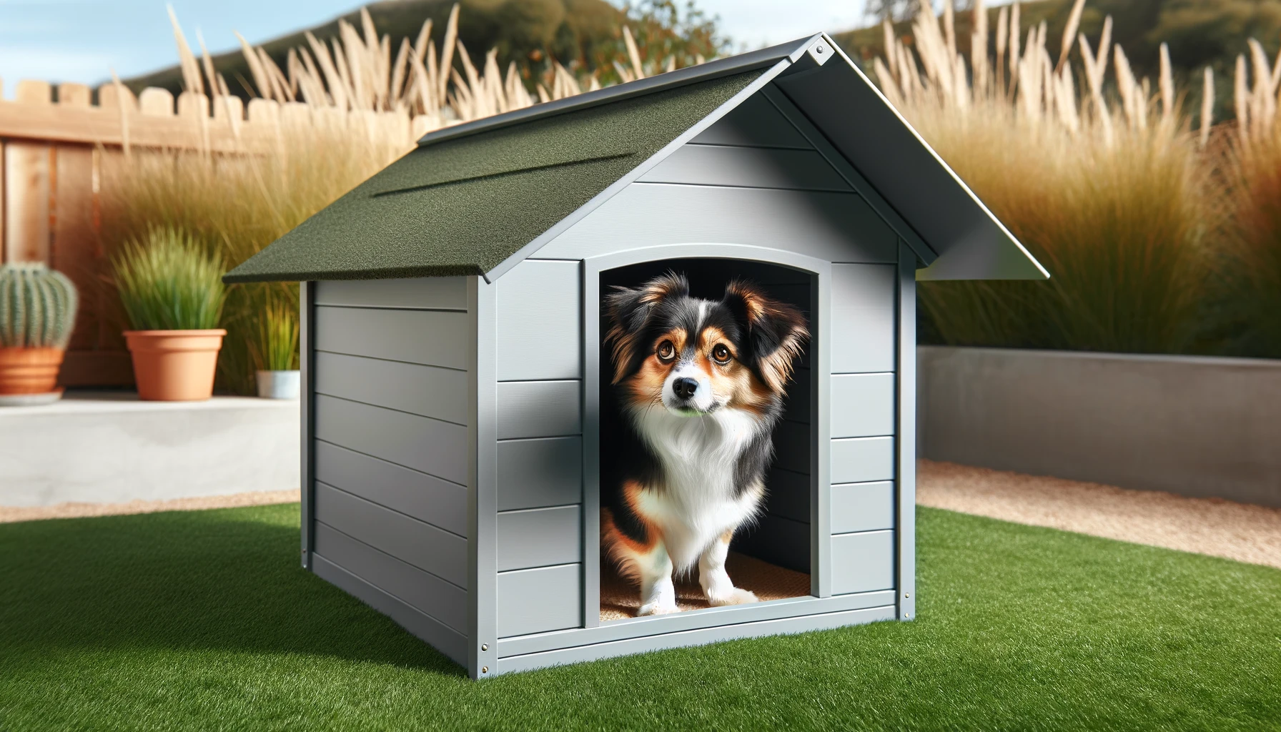 DALL·E-2024-02-23-08.29.43-A-small-dog-with-black-white-and-tan-fur-peeking-out-from-the-entrance-of-a-modern-grey-dog-house.-The-dog-house-has-a-simple-design-with-a-gently-s