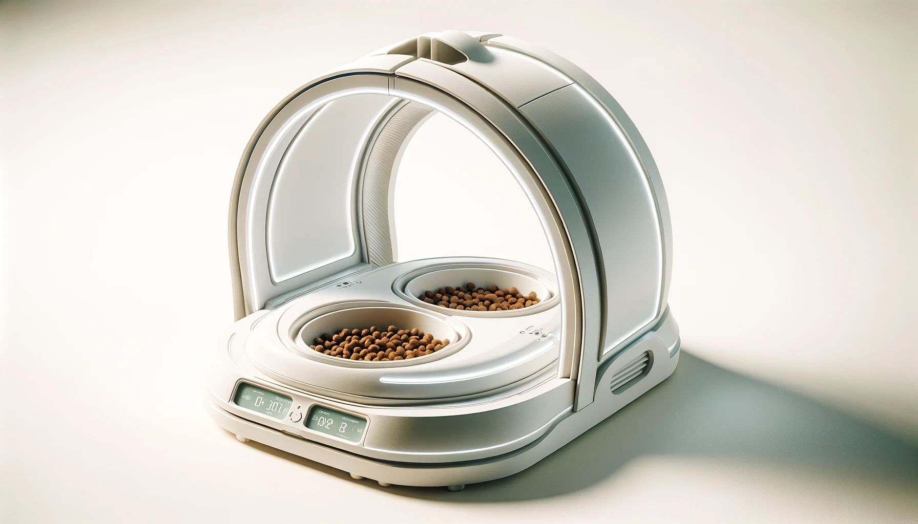 DALL·E-2024-02-23-08.40.59-A-photograph-style-image-featuring-a-futuristic-pet-feeder-in-white-color.-The-feeder-has-a-unique-curved-overhanging-design-resembling-an-arch-or-a