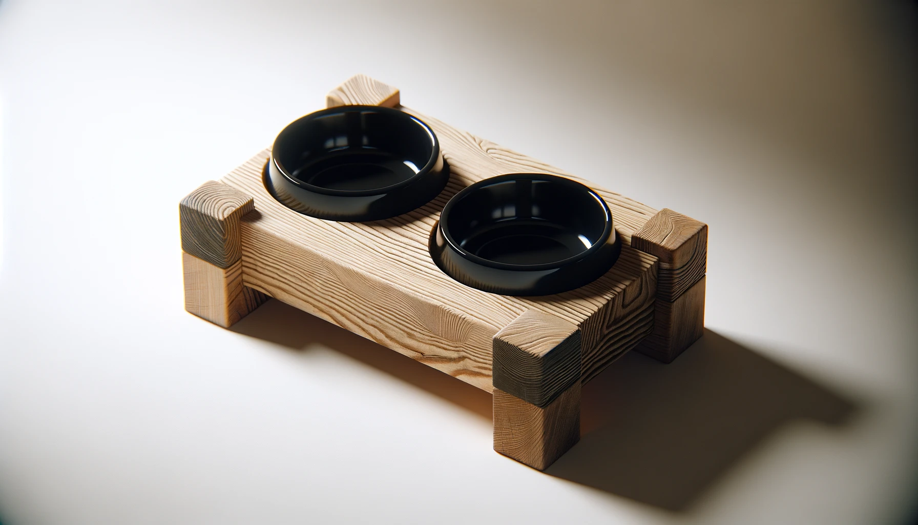 DALL·E-2024-02-23-08.47.02-A-photograph-style-image-of-a-pet-feeding-station-with-a-natural-wood-stand-and-two-glossy-black-ceramic-bowls.-The-stand-has-a-simple-rectangular-sh